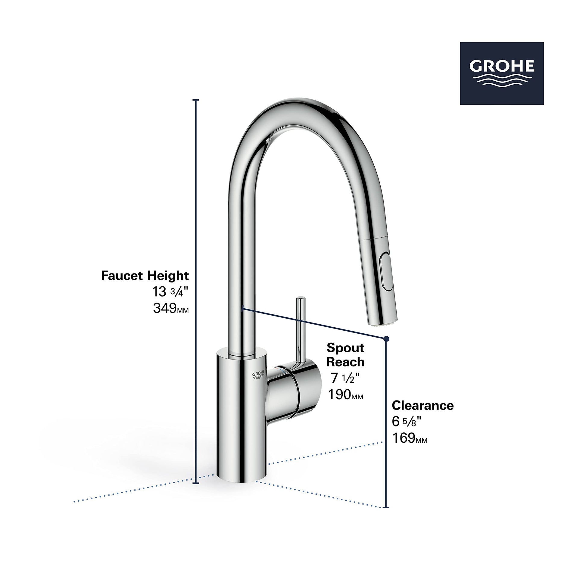 Matte black single-handle pull-down bar faucet with curved spout and dimensions labeled.
