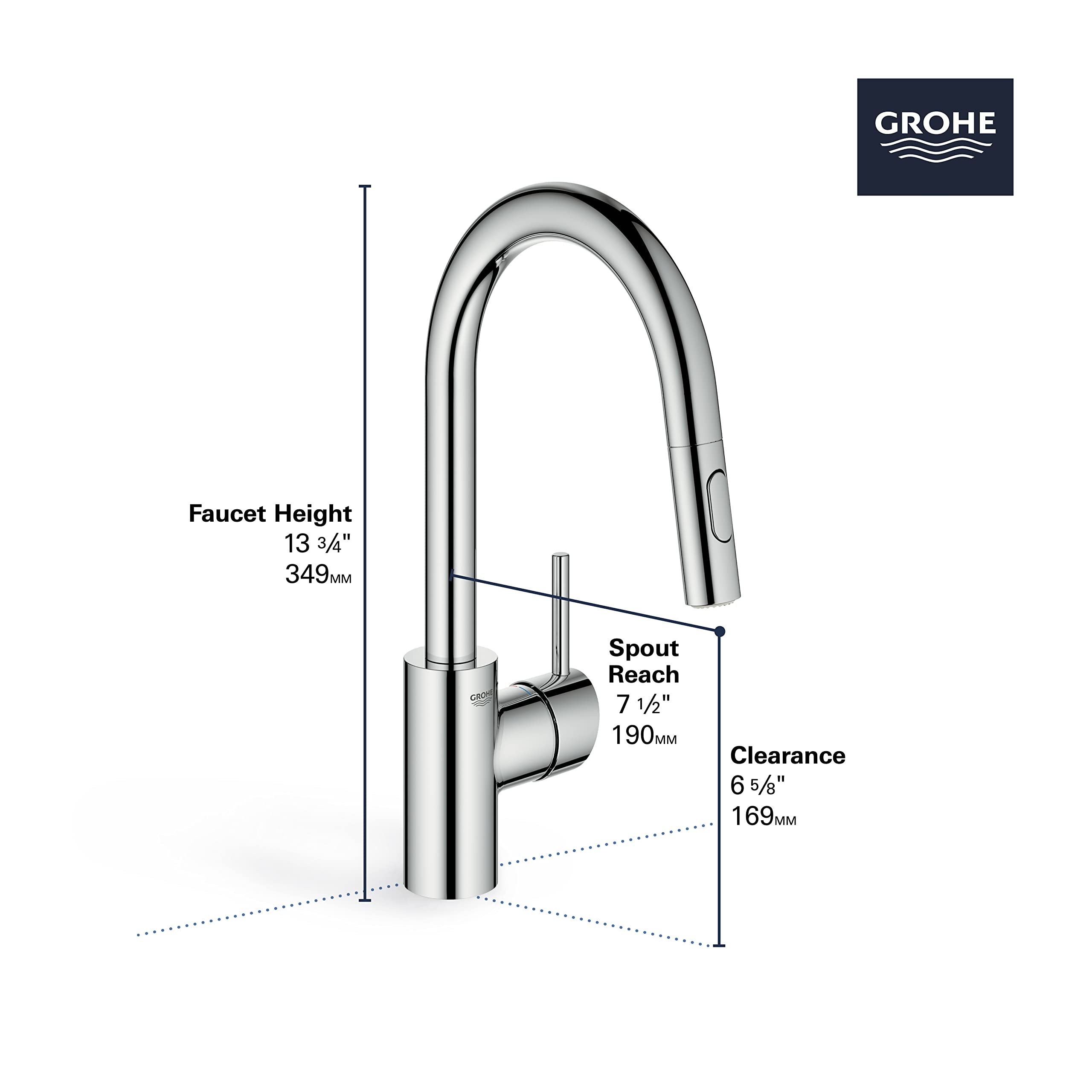Matte black single-handle pull-down bar faucet with curved spout and dimensions labeled.