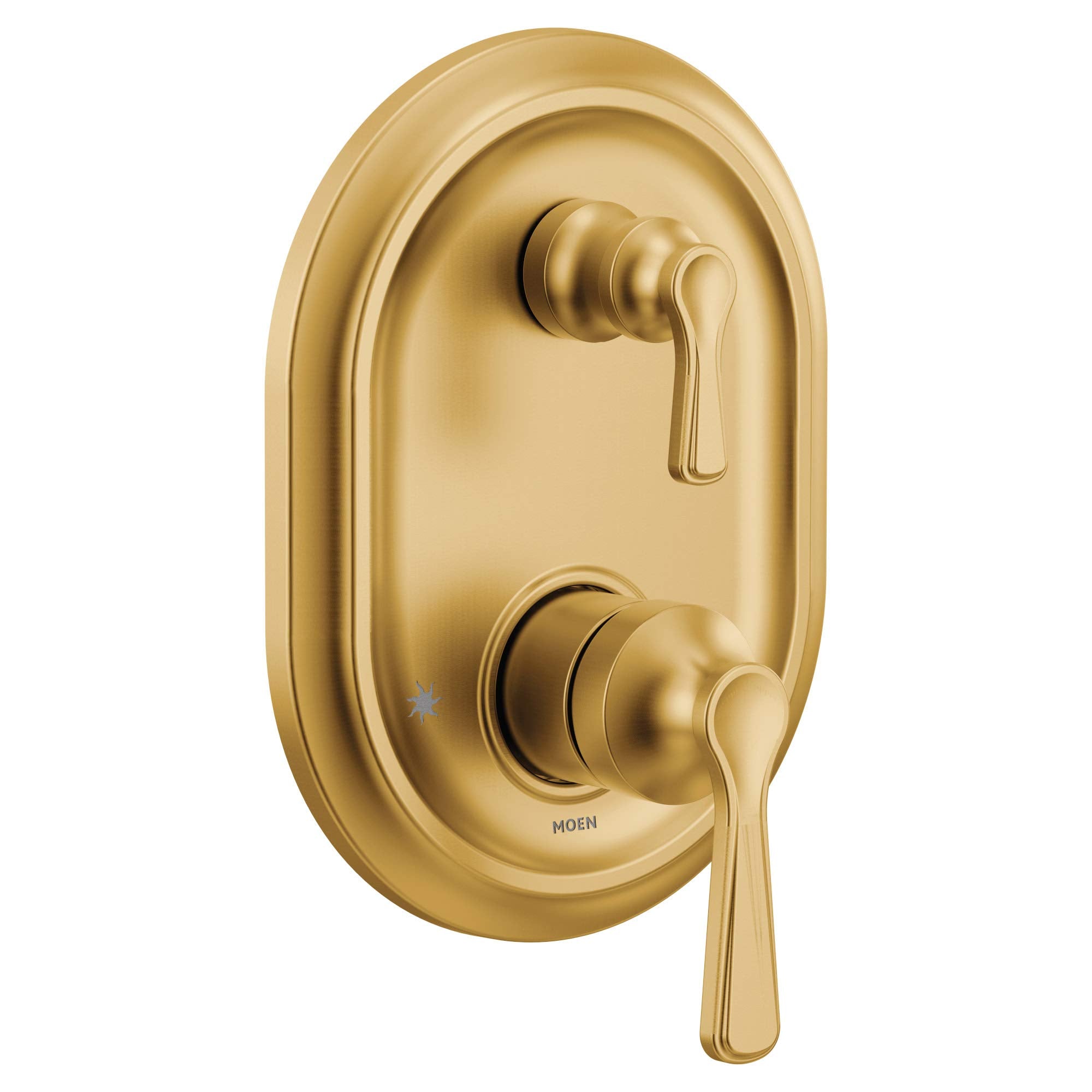 Brushed gold shower trim with two lever handles and oval escutcheon plate.
