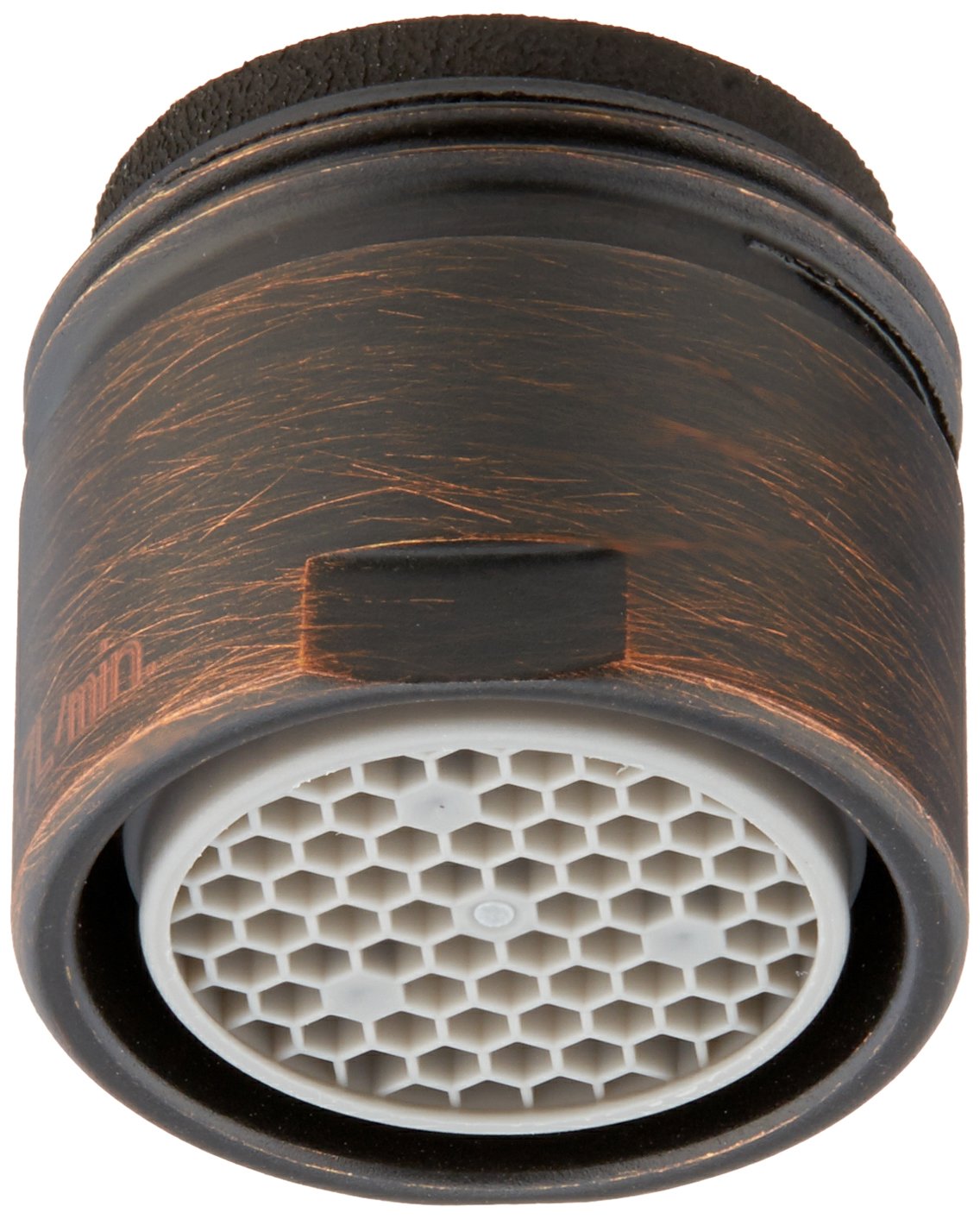 Cylindrical faucet aerator with Venetian bronze finish and white perforated screen insert.