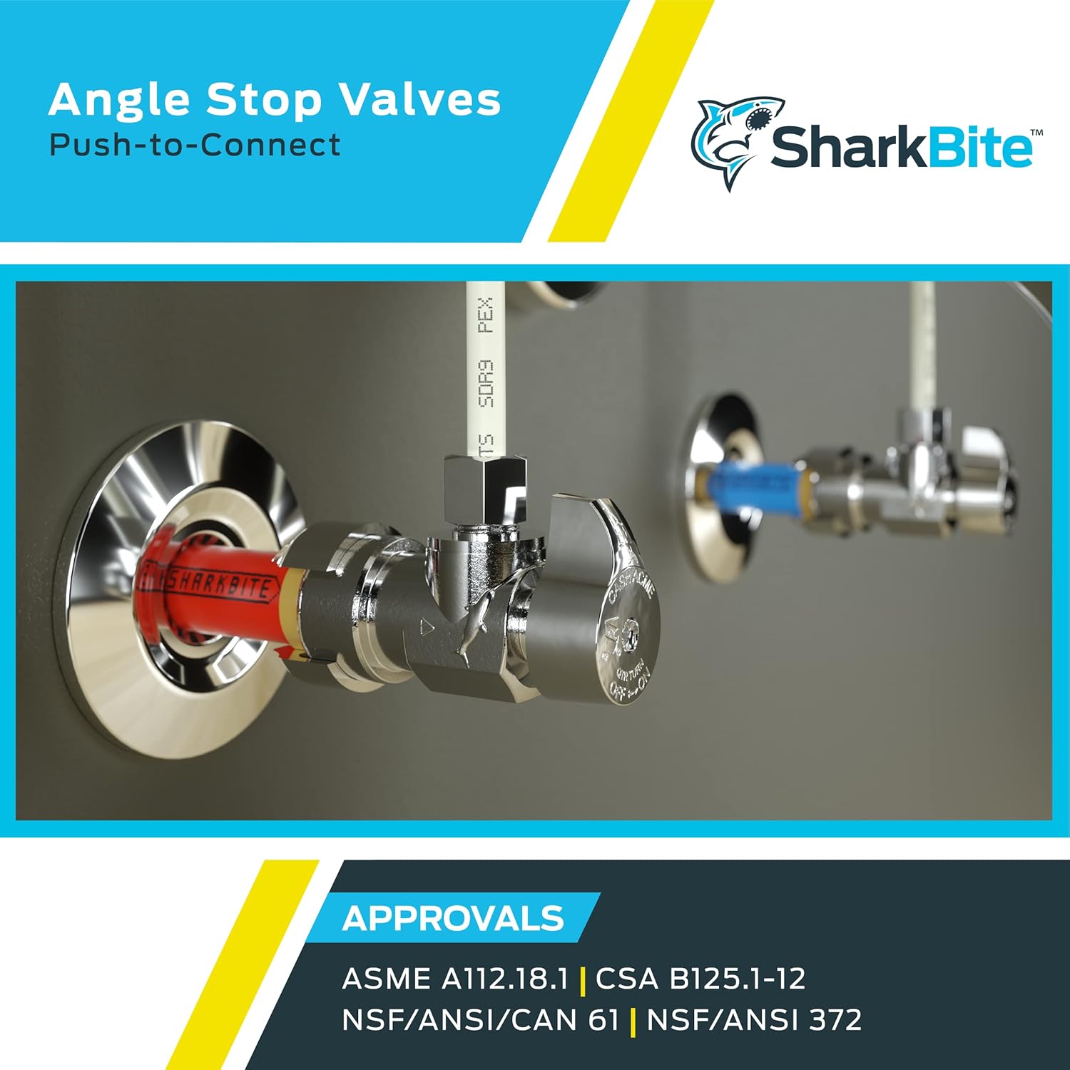Brass compression angle stop valve with quarter-turn handle and push-to-connect fittings for various pipe types.