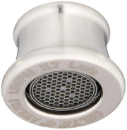 Brushed nickel faucet aerator with cylindrical body and hexagonal mesh screen insert.