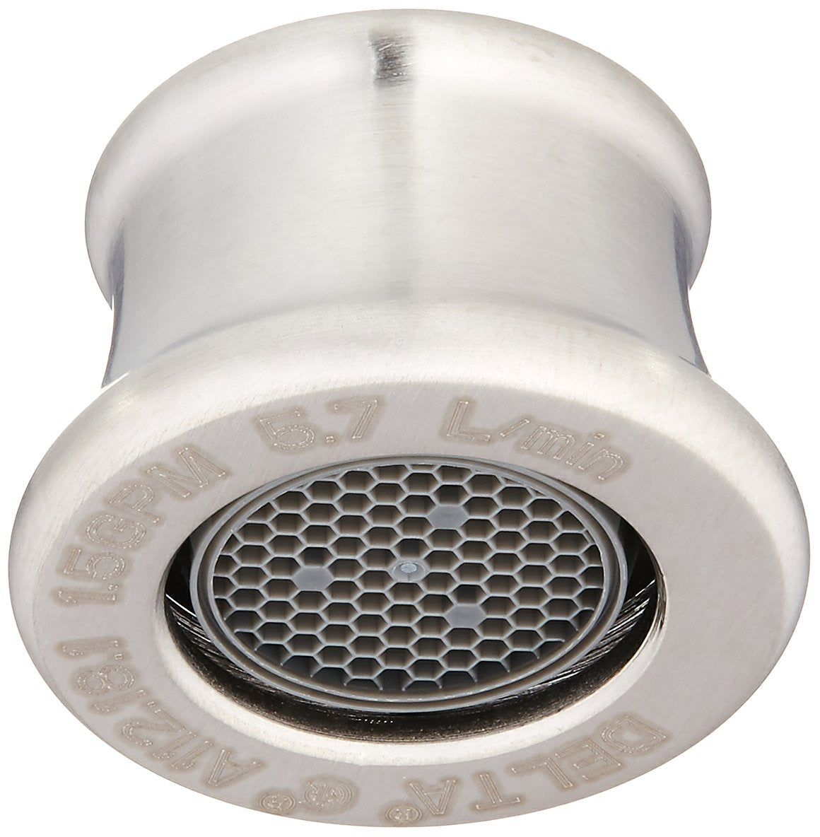 Brushed nickel faucet aerator with cylindrical body and hexagonal mesh screen insert.