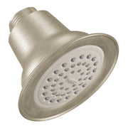 Brushed nickel single-function shower head with round face and multiple spray holes.
