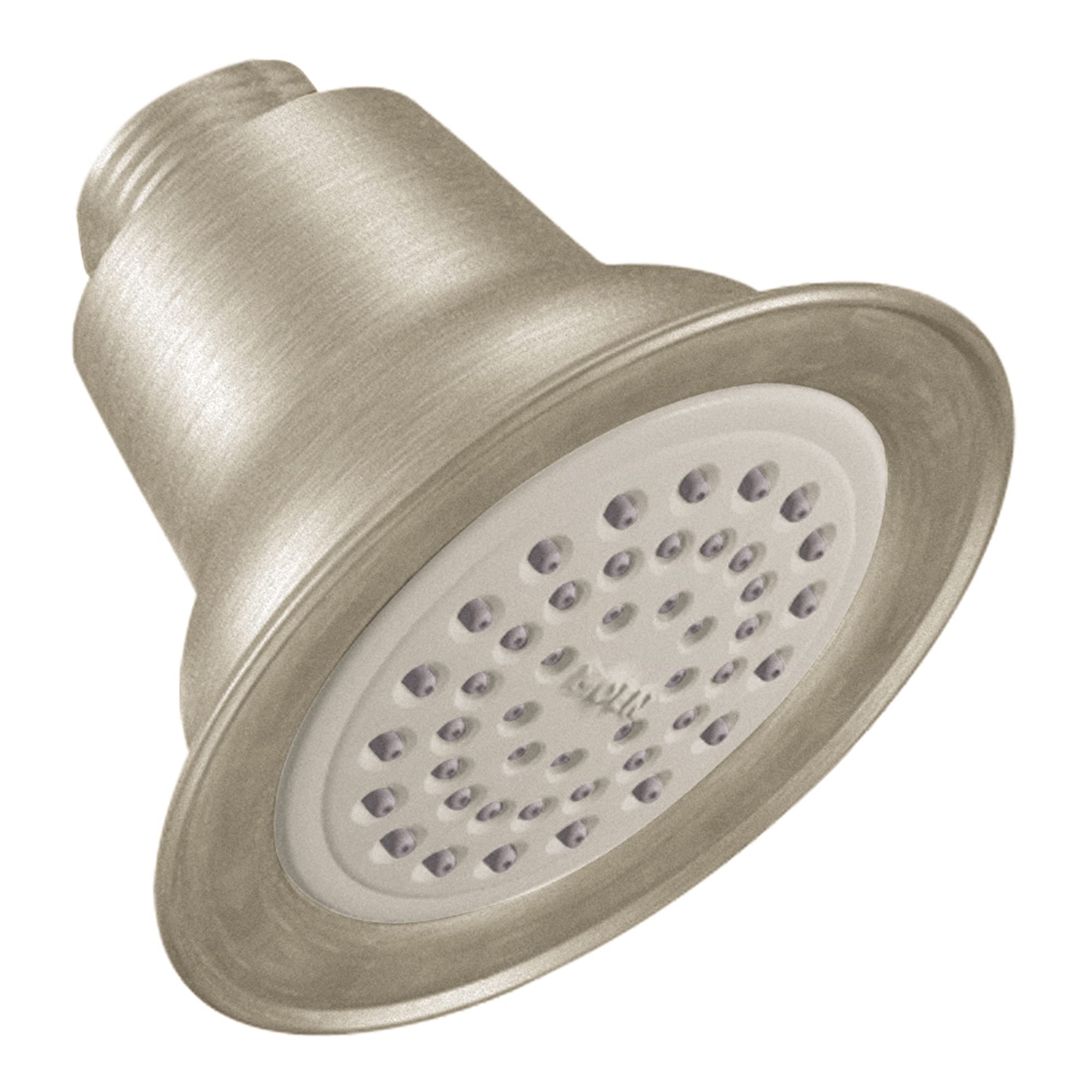 Brushed nickel single-function shower head with round face and multiple spray holes.