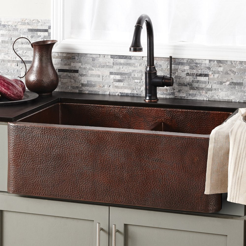 Native Trails CPK276 Farmhouse 33" Duet Copper Kitchen Sink: Antique Copper