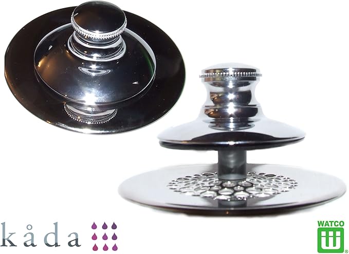 Polished brass push-pull tub stopper with grid strainer, shown disassembled with cap, body, and base components.