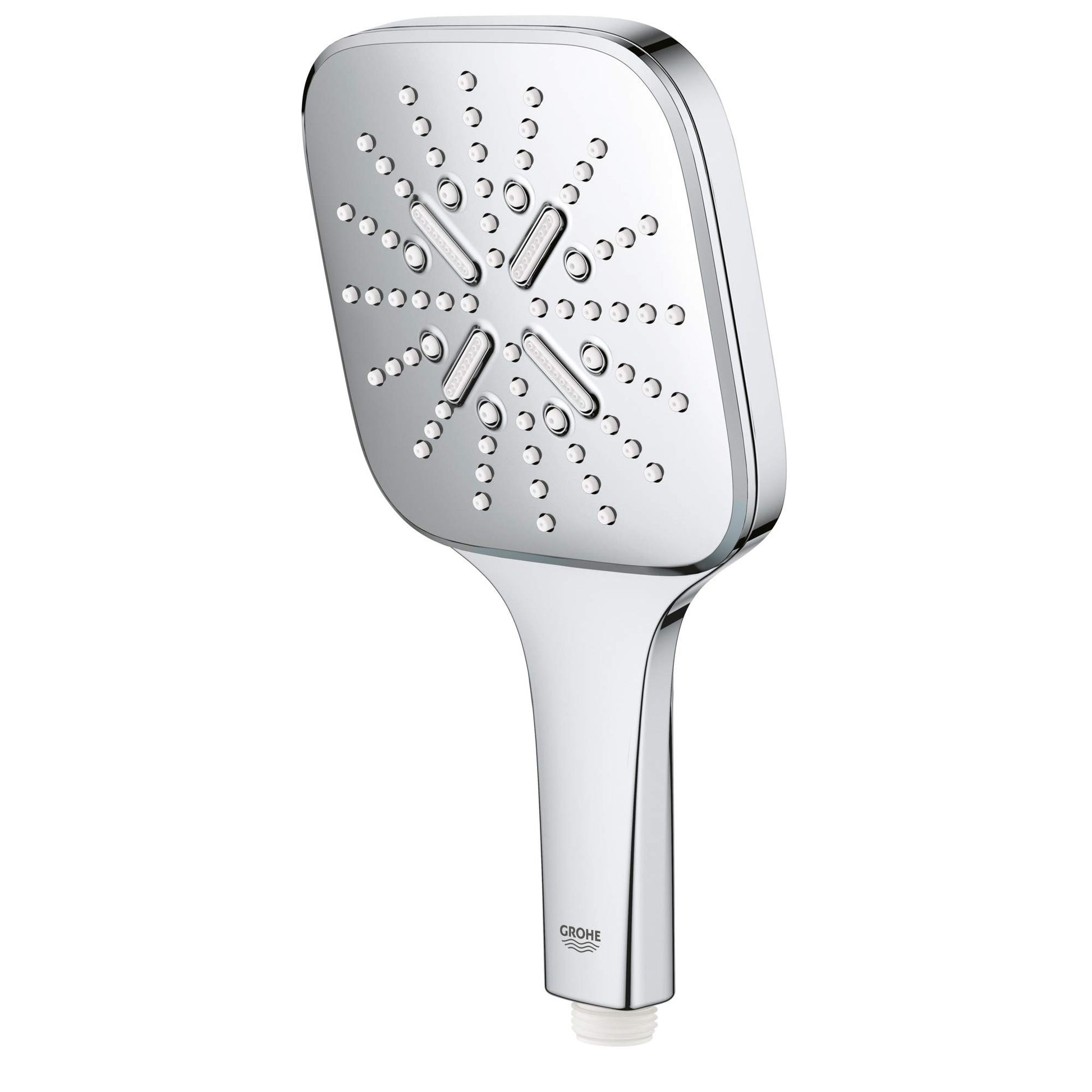 Chrome hand shower with square head featuring multiple spray holes and horizontal selector bars.