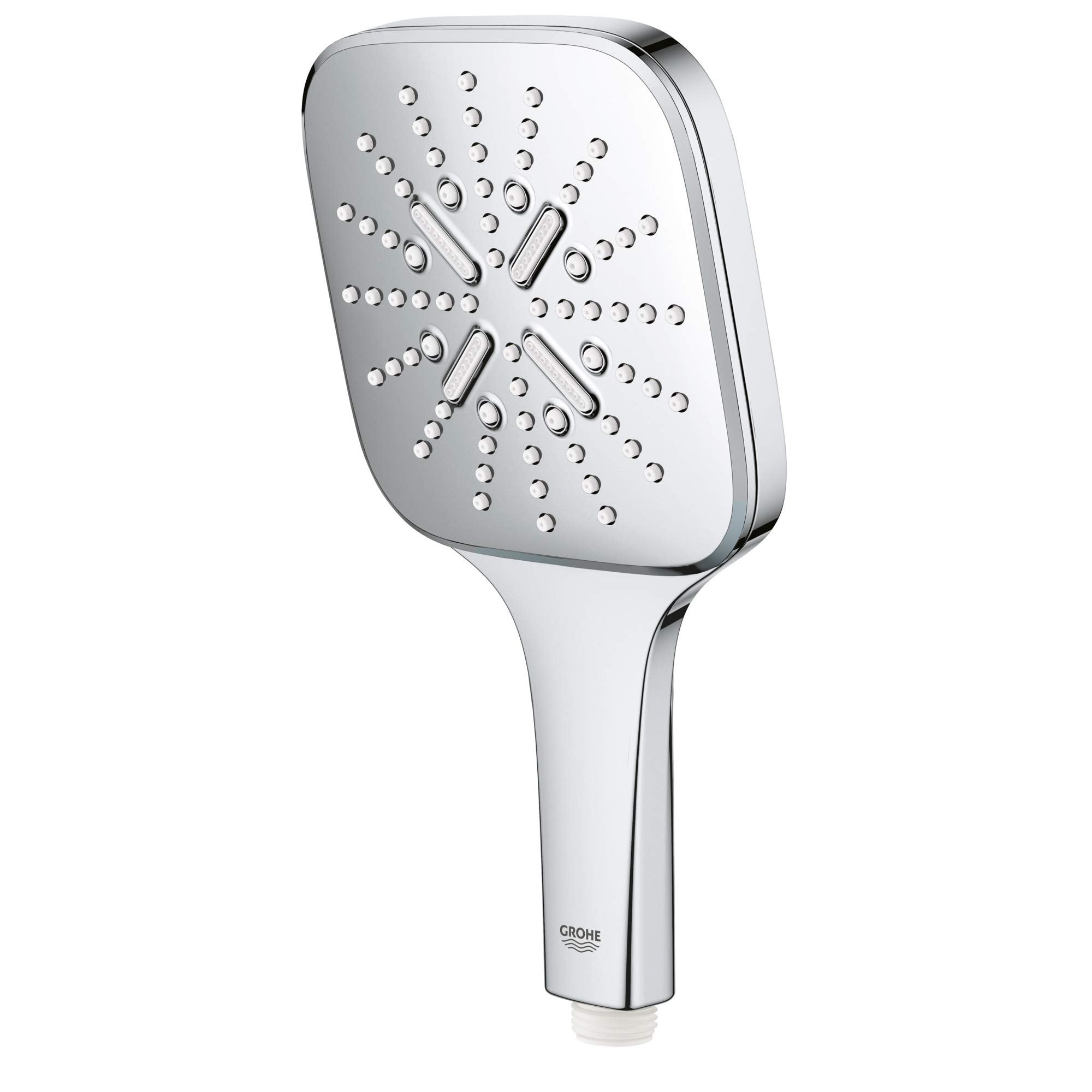 Chrome hand shower with square head featuring multiple spray holes and horizontal selector bars.
