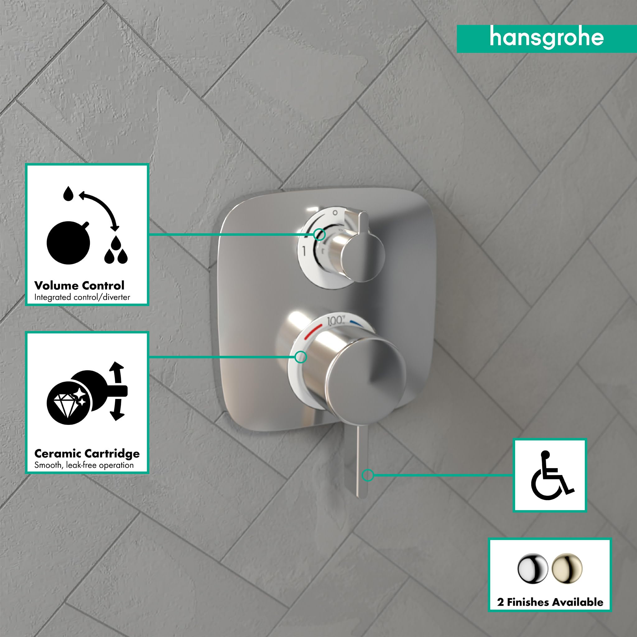 Chrome thermostatic shower trim with two control knobs mounted on gray tile wall.