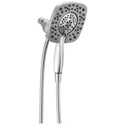Chrome two-in-one shower head with square face, multiple spray holes, and attached handheld unit with braided hose.