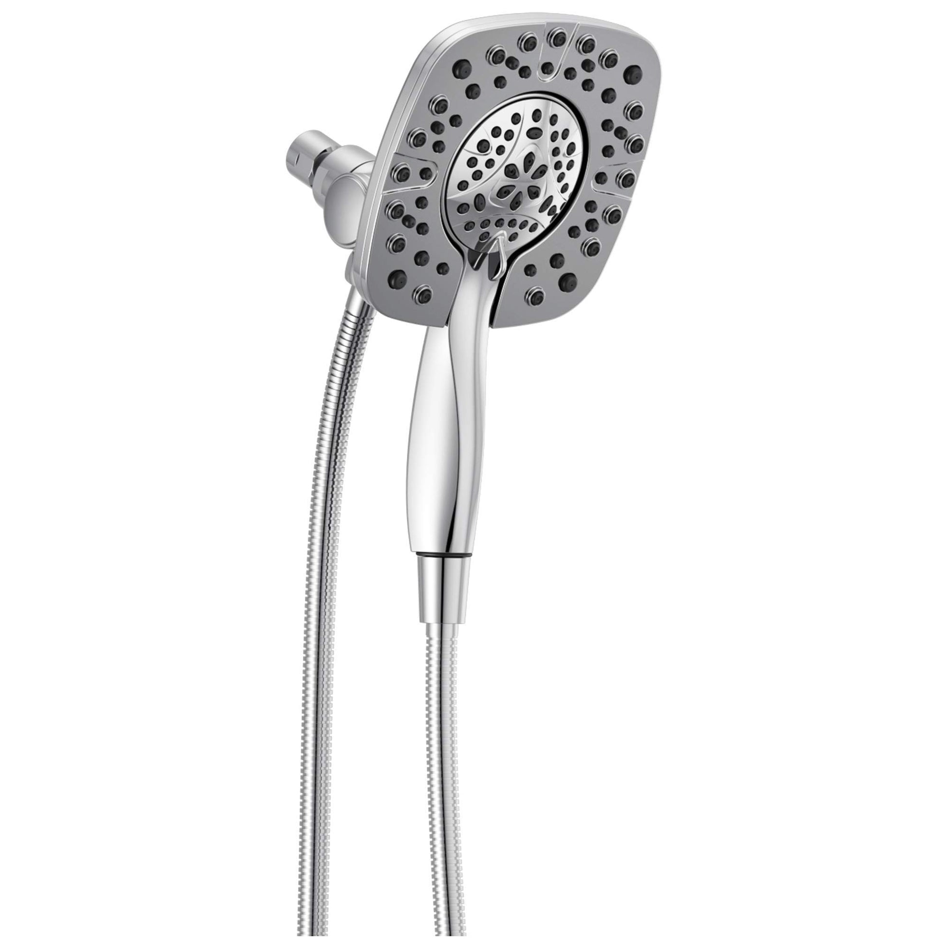 Chrome two-in-one shower head with square face, multiple spray holes, and attached handheld unit with braided hose.
