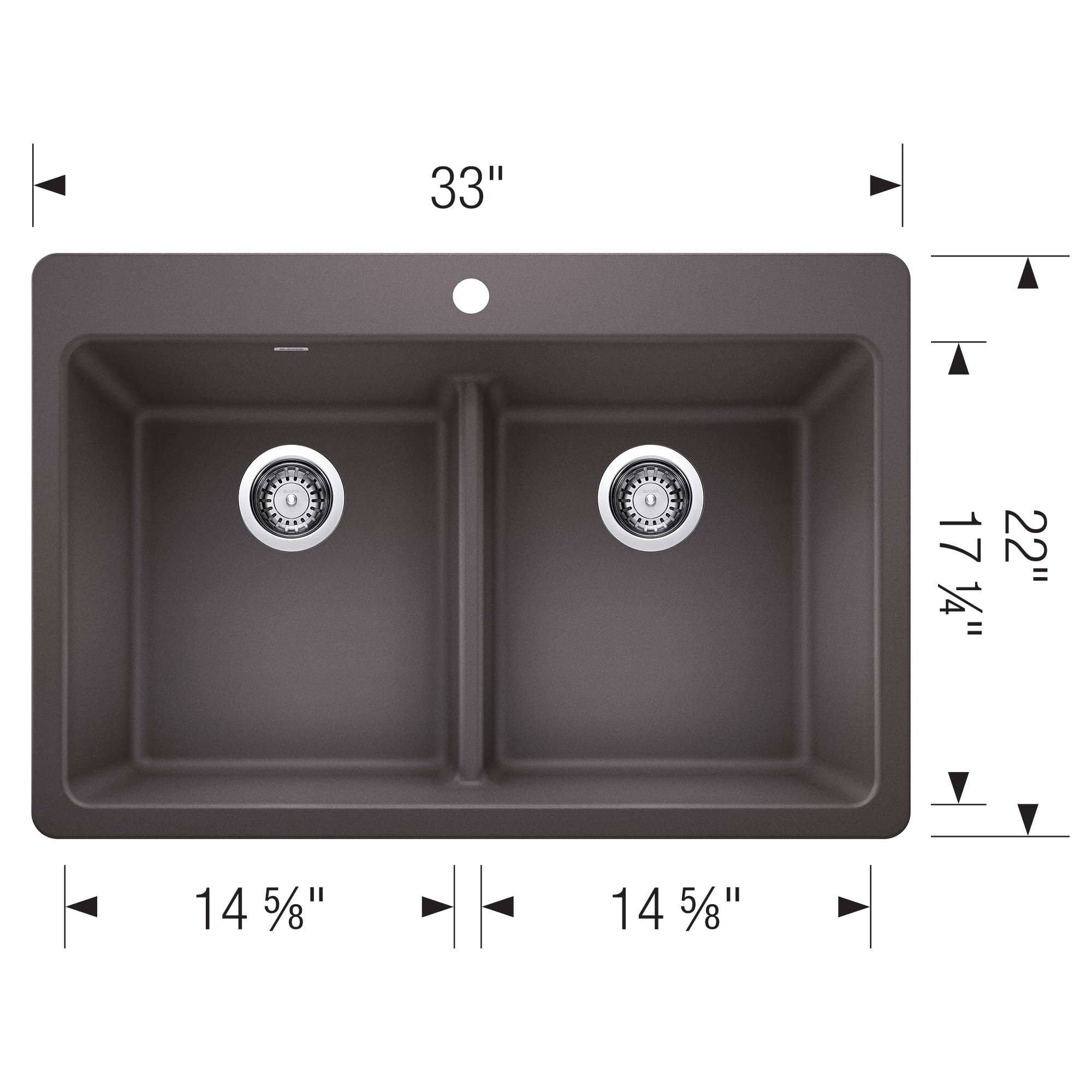 Cinder-colored dual mount sink with two equal square basins and low divider, measuring 33" wide by 22" deep.