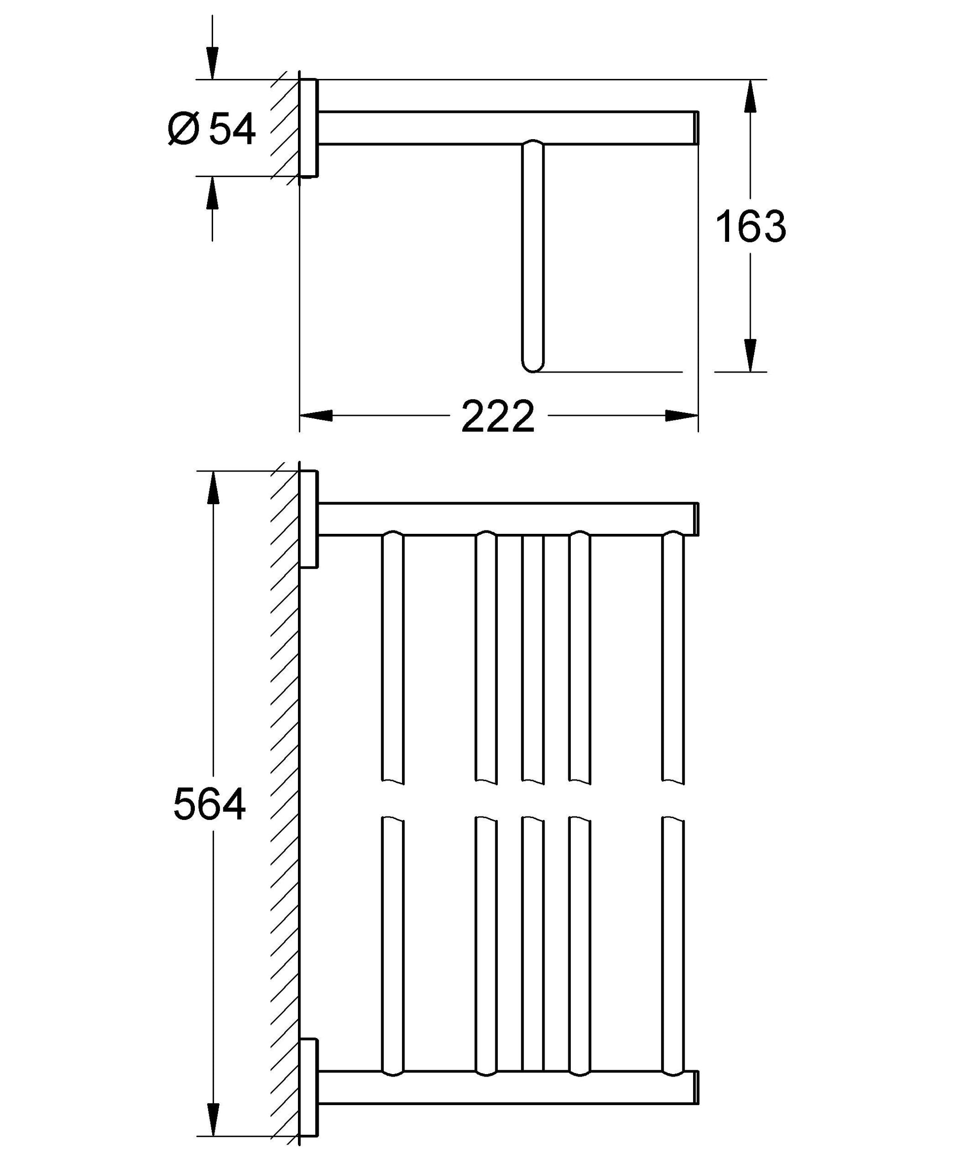 Chrome multi-towel rack with horizontal bar and vertical hanging rails, wall-mounted design with dimensions shown.
