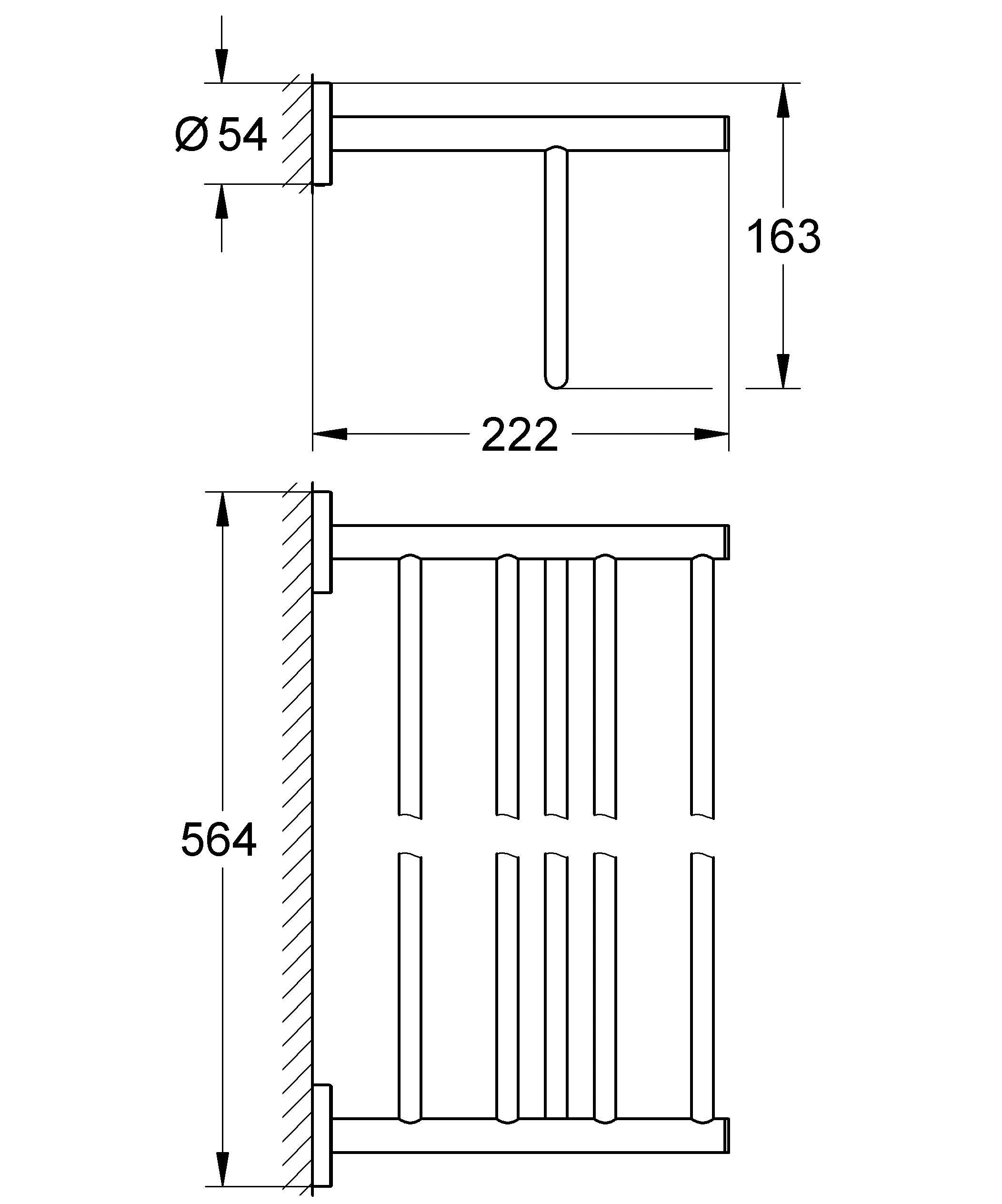 Chrome multi-towel rack with horizontal bar and vertical hanging rails, wall-mounted design with dimensions shown.