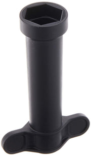 Black plastic wrench tool with hexagonal socket opening at top and two-handled grip base.