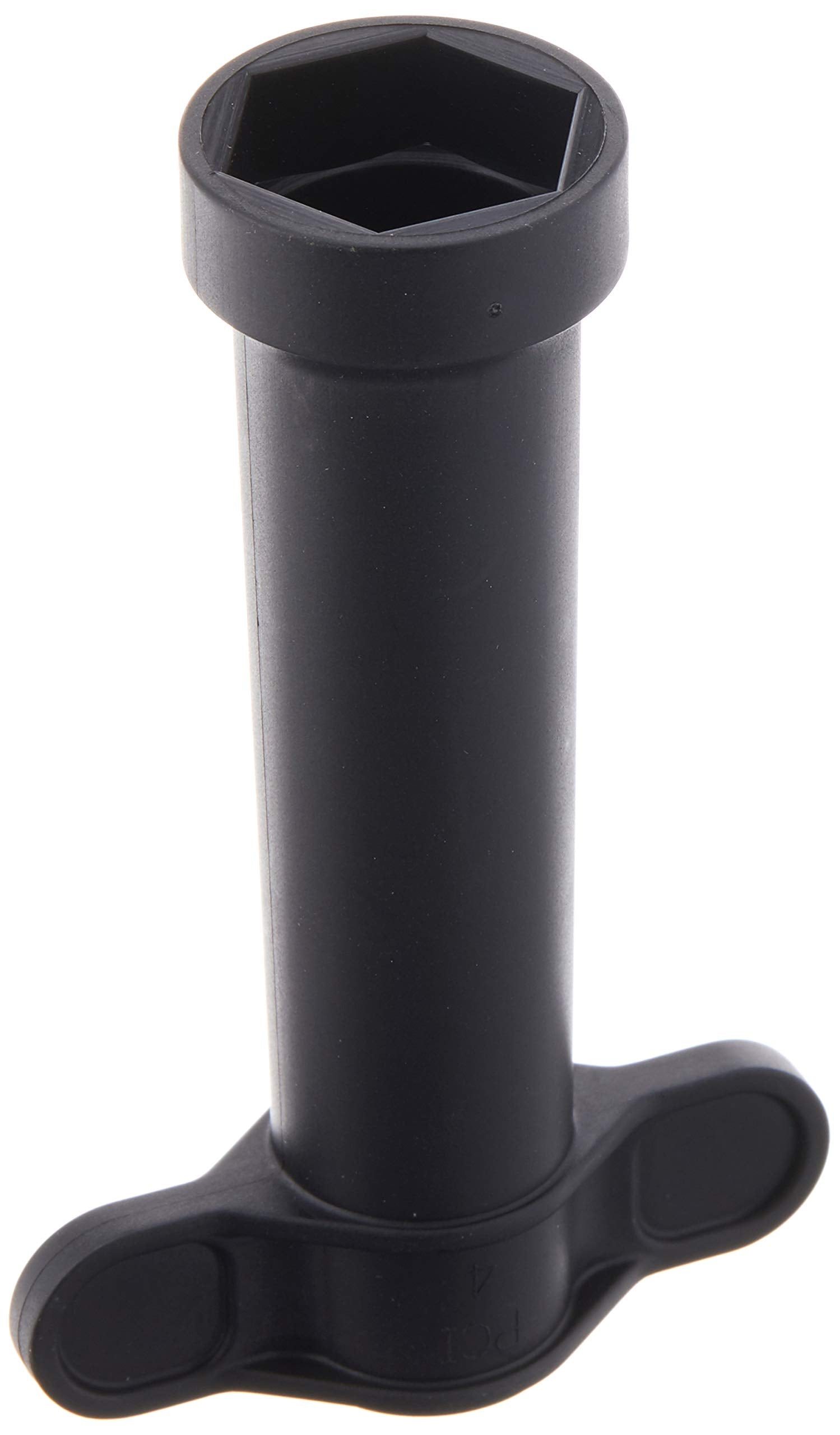 Black plastic wrench tool with hexagonal socket opening at top and two-handled grip base.
