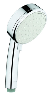Chrome hand shower with round head featuring multiple spray nozzles, black accent band, and ergonomic handle with grip.