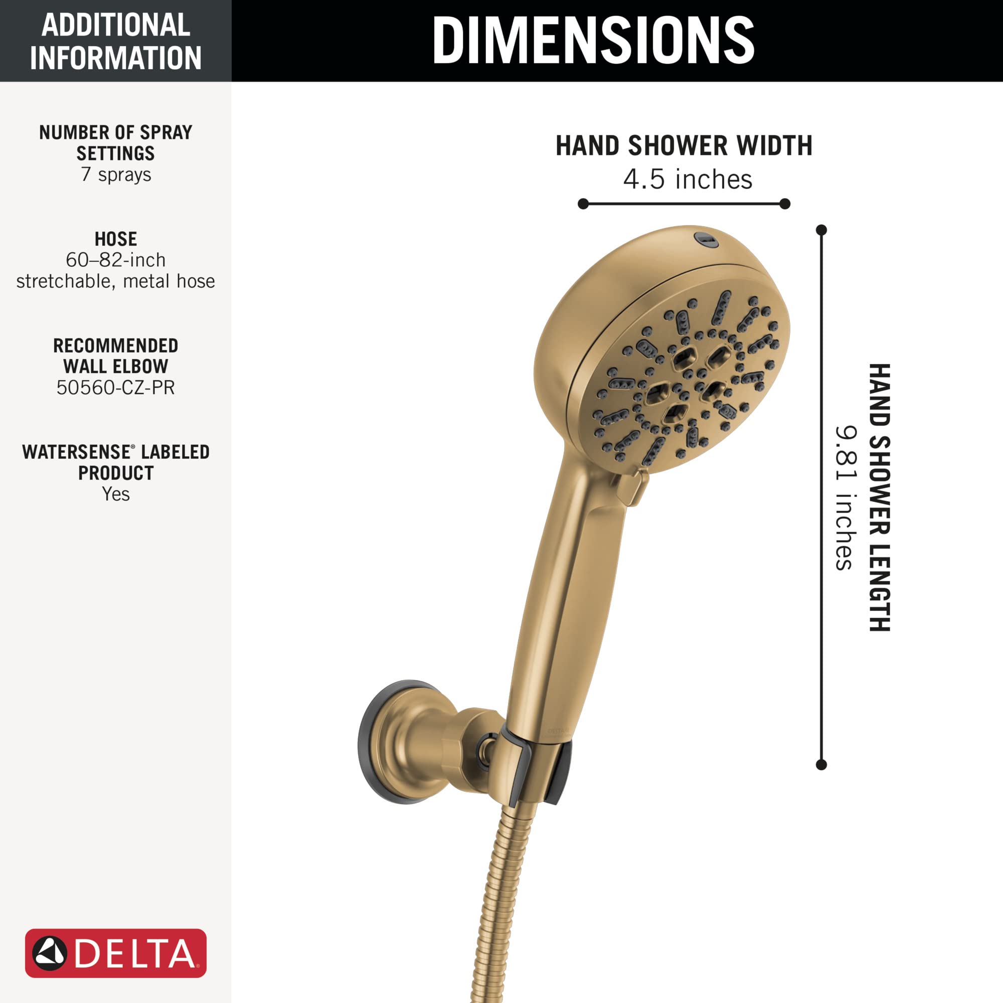 Wall-mounted hand shower with 4.5-inch diameter head in champagne bronze finish, 6.81 inches long with flexible hose connecti