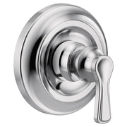 Chrome single-handle traditional valve trim with rounded escutcheon plate and lever handle.