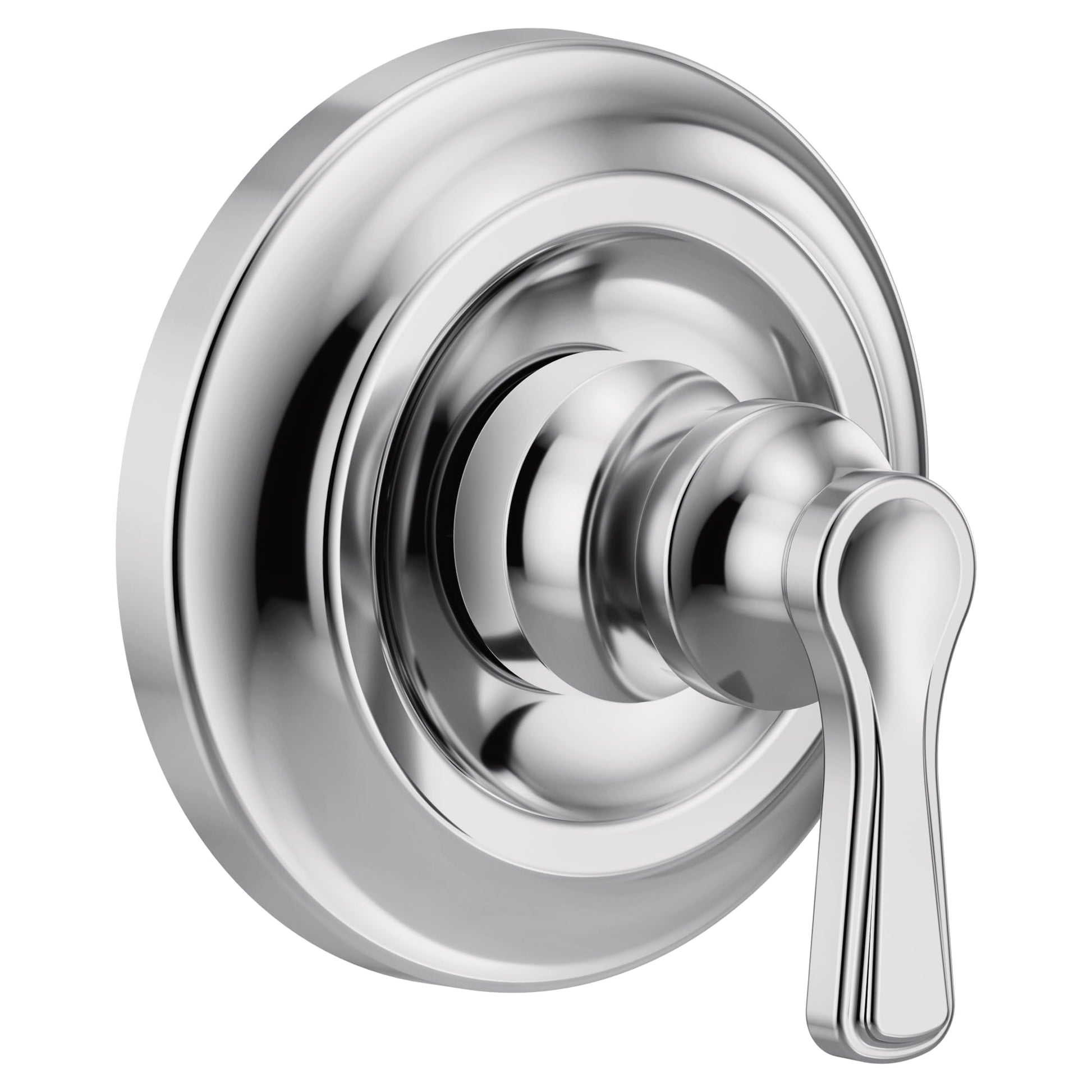 Chrome single-handle traditional valve trim with rounded escutcheon plate and lever handle.