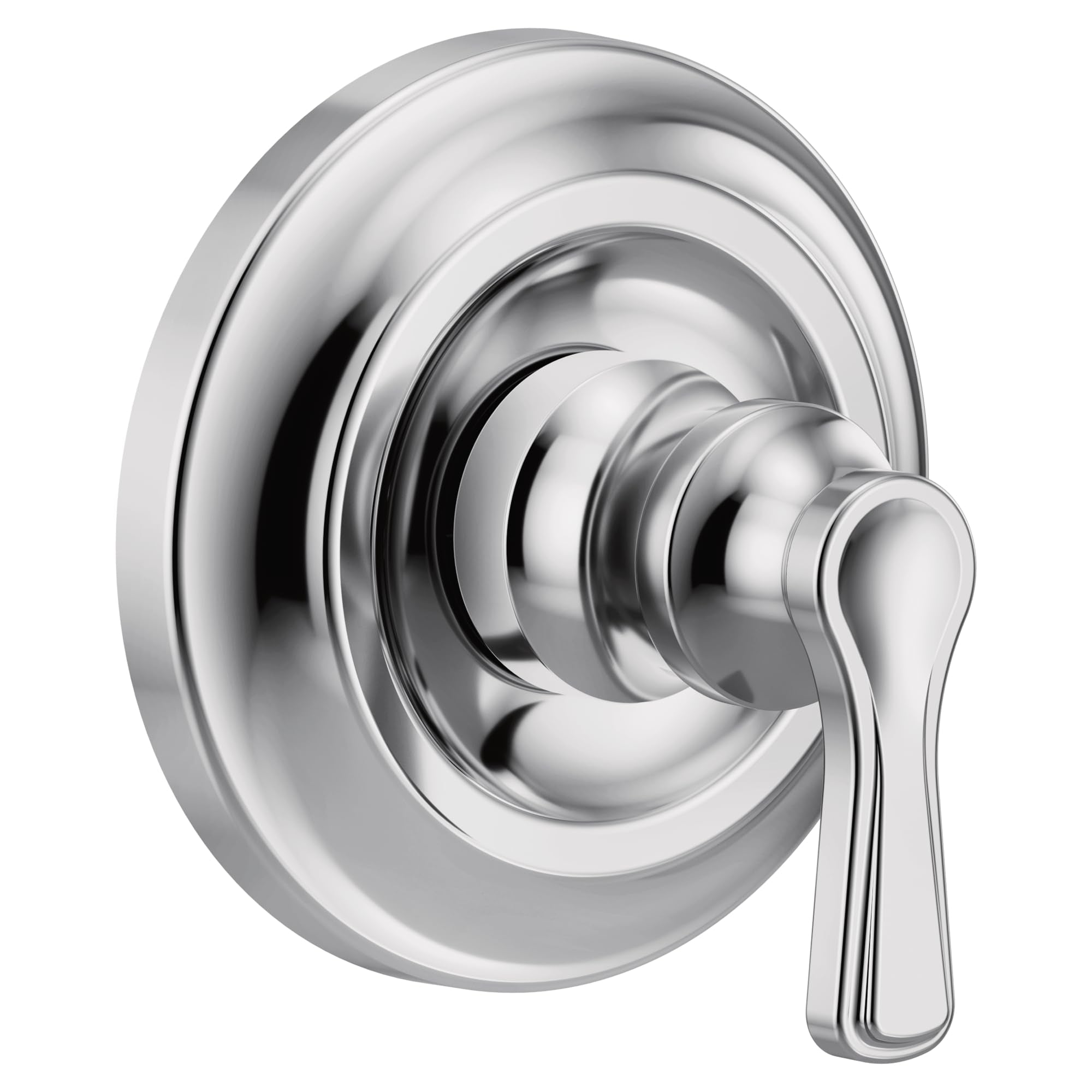 Chrome single-handle traditional valve trim with rounded escutcheon plate and lever handle.