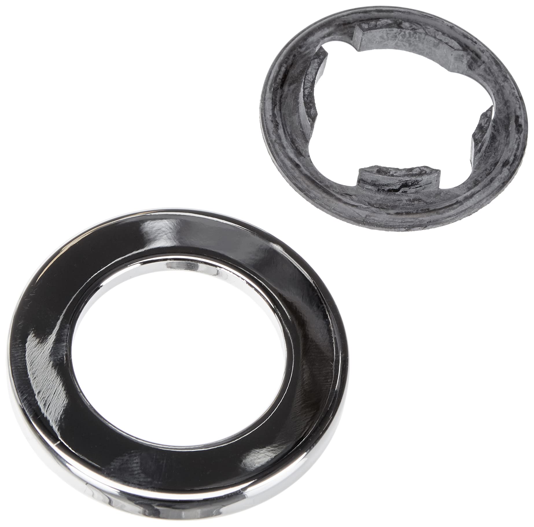 Polished chrome circular escutcheon ring with inner and outer edges, shown with mounting bracket.