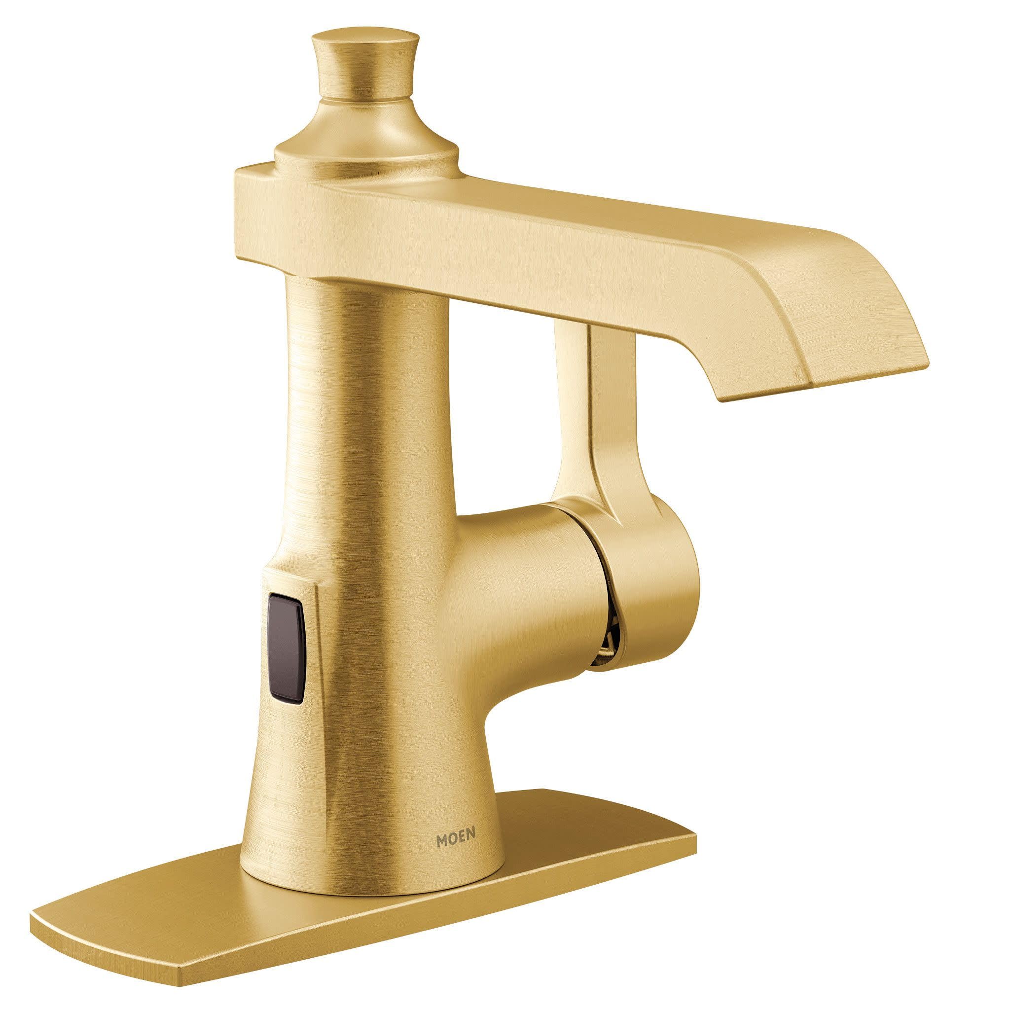 Brushed gold single-handle bathroom sink faucet with curved spout and rectangular base.