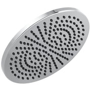 Chrome round raincan shower head with multiple small spray holes arranged in concentric circles.