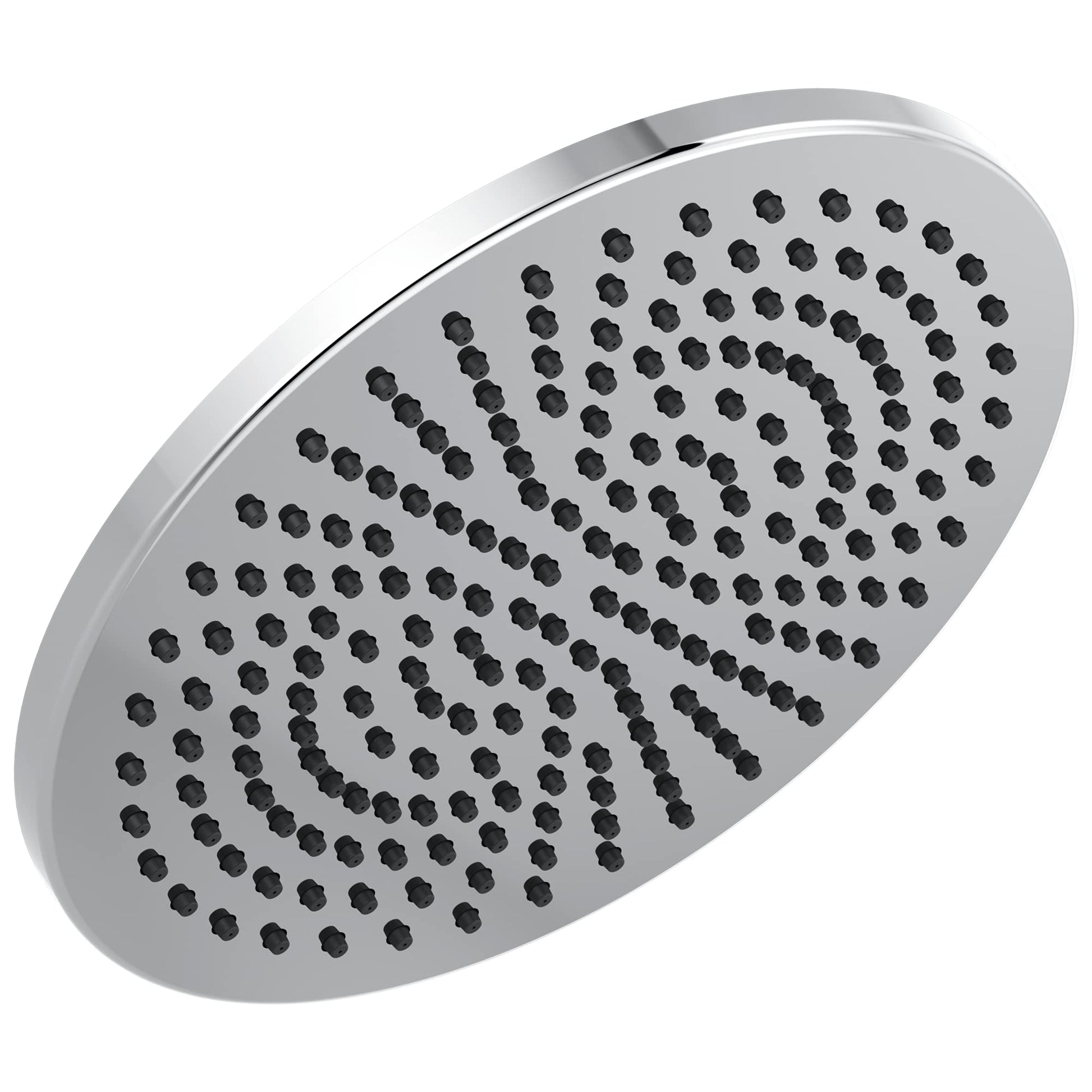 Chrome round raincan shower head with multiple small spray holes arranged in concentric circles.