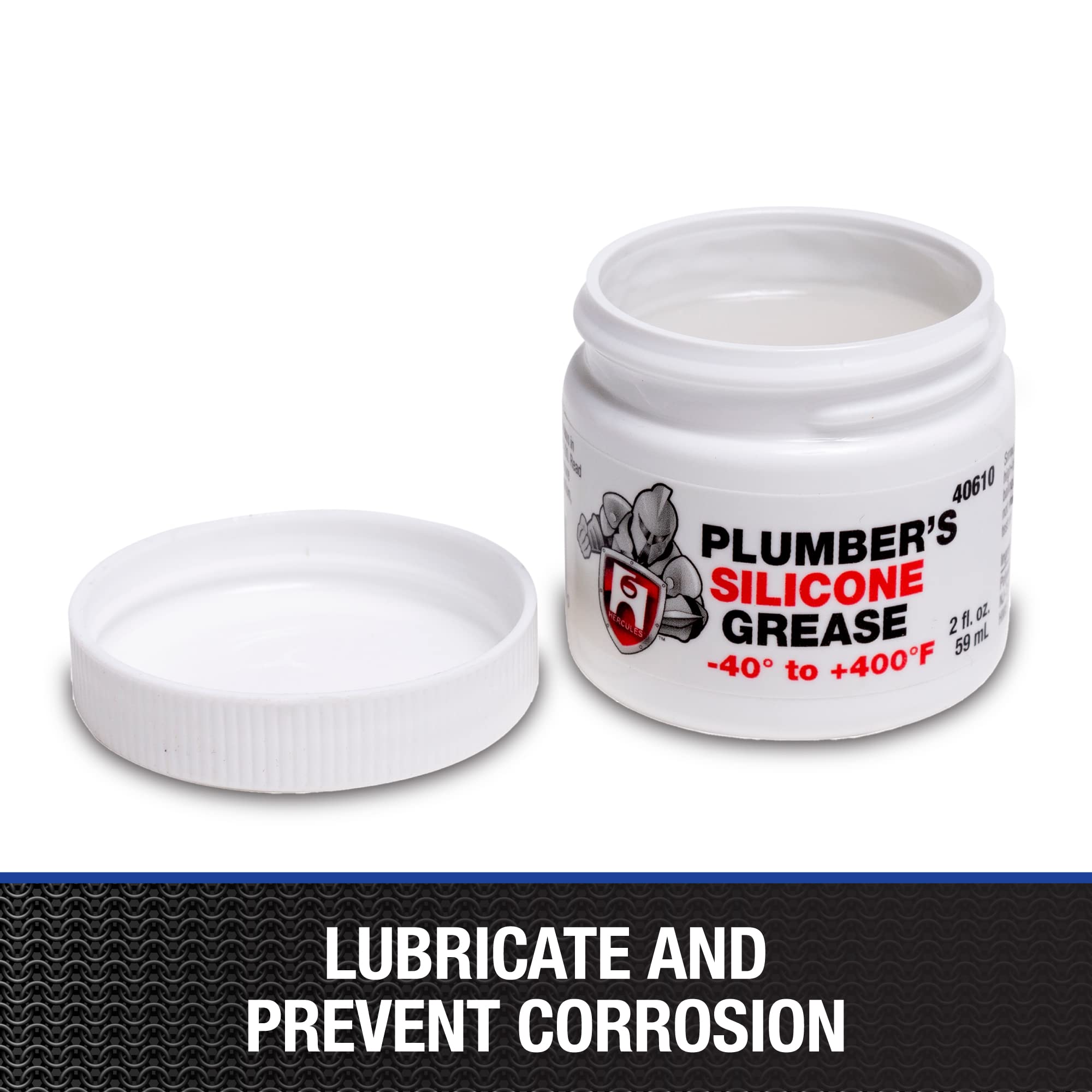 White plastic jar of Hercules Plumber's Silicone Grease 2oz with screw cap removed, showing temperature range -40° to +400°F 