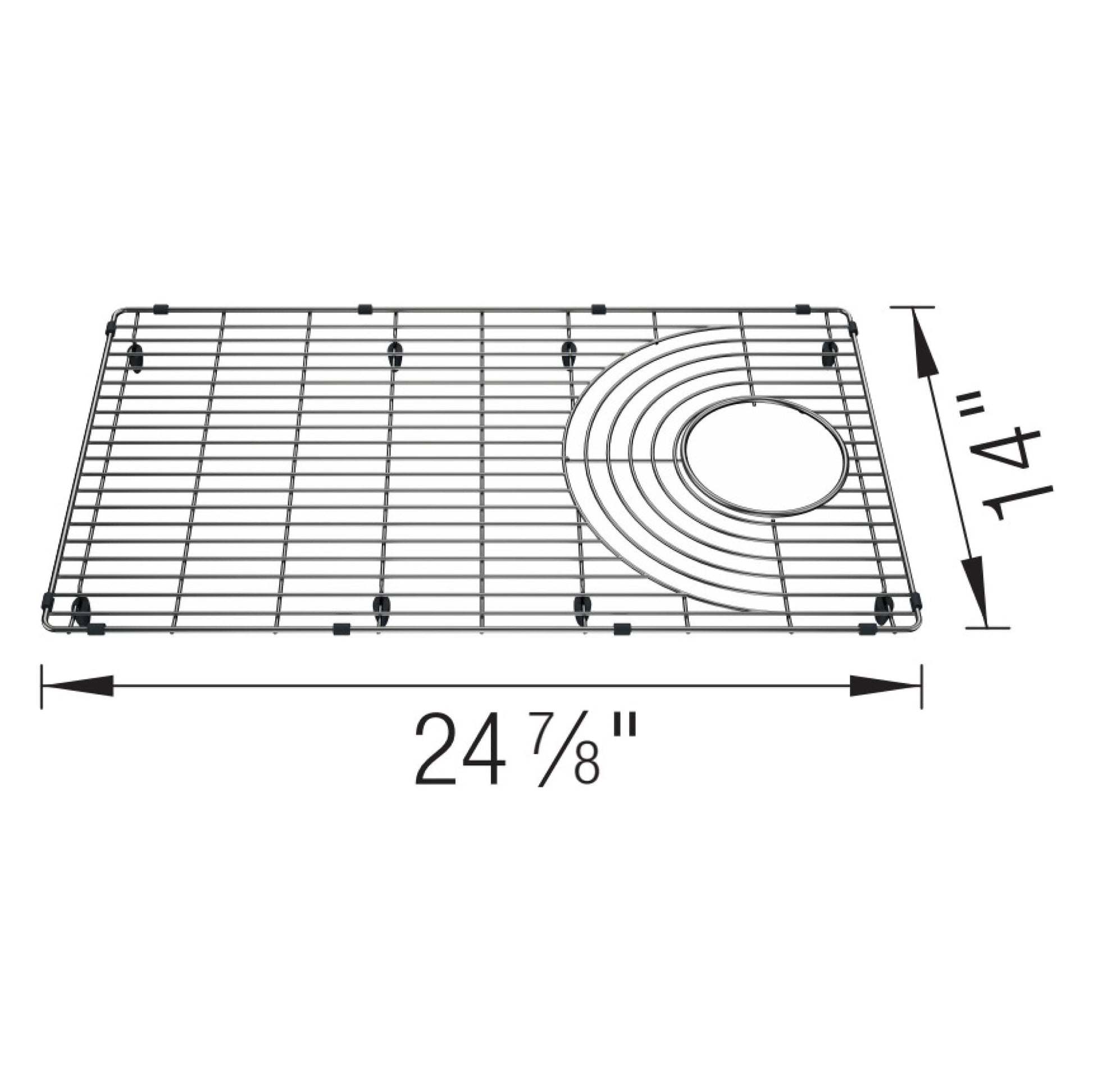 Stainless steel sink grid with horizontal wires and circular cutout, measuring 24 7/8" wide by 14" deep.