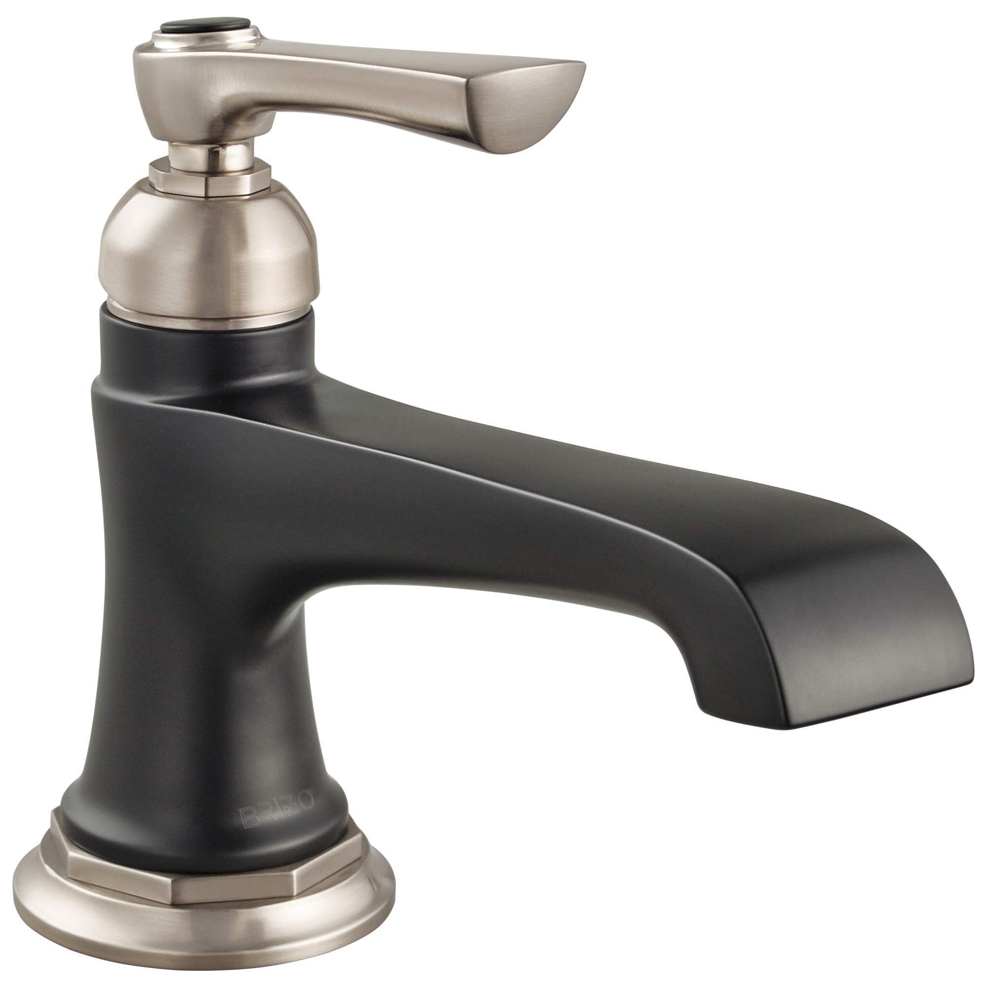 Single-handle bathroom faucet with brushed nickel and matte black finish, curved spout and lever handle.