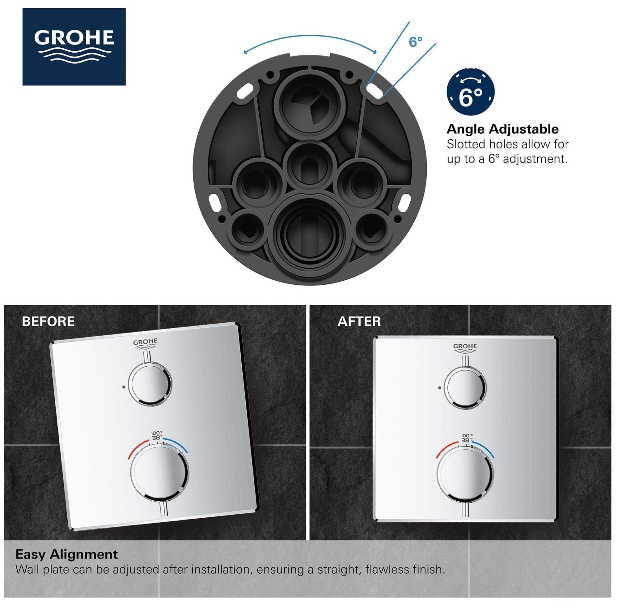 Matte black circular thermostatic valve trim with two control handles and angle-adjustable mounting ports.