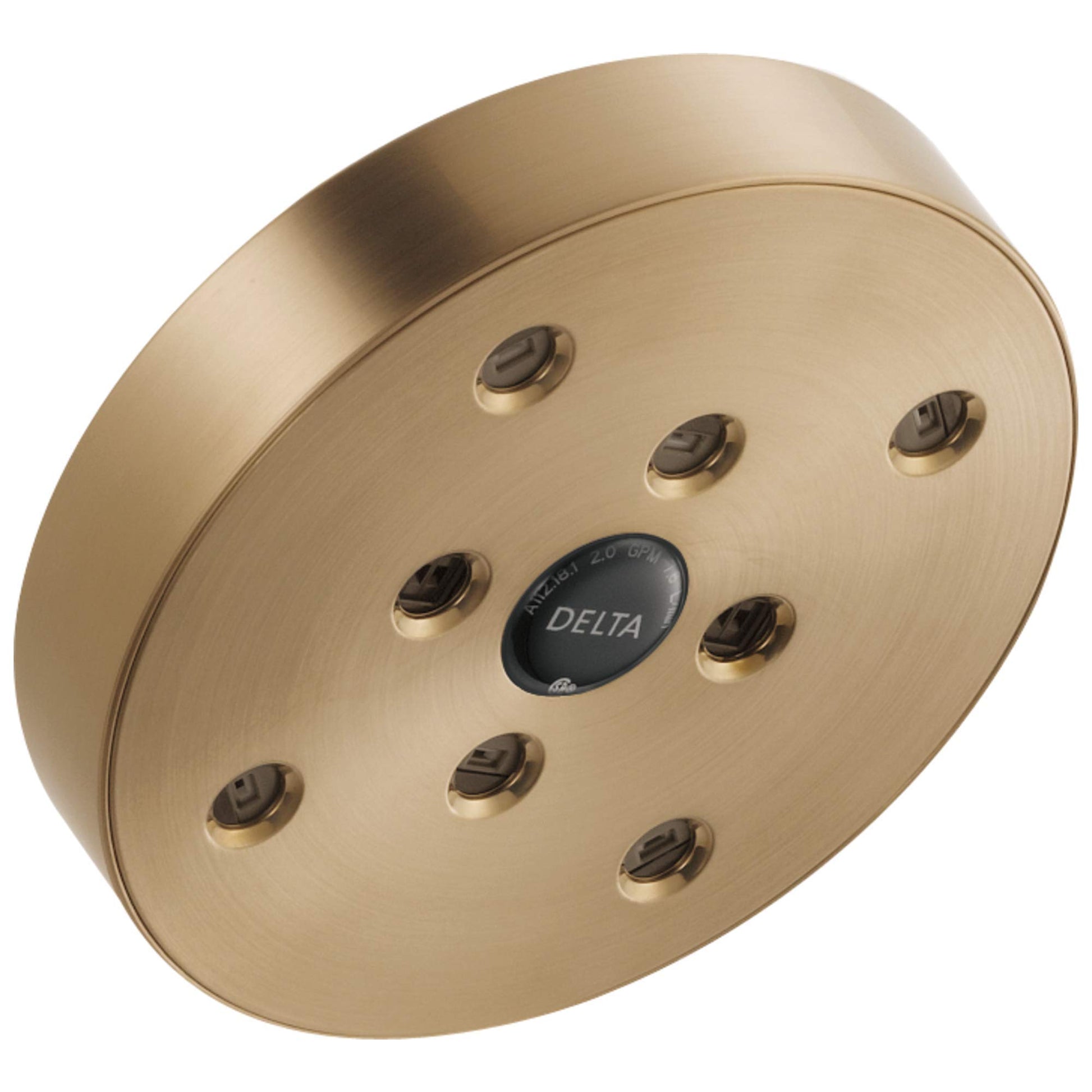 Round brushed gold showerhead with multiple spray holes and Delta logo in center.