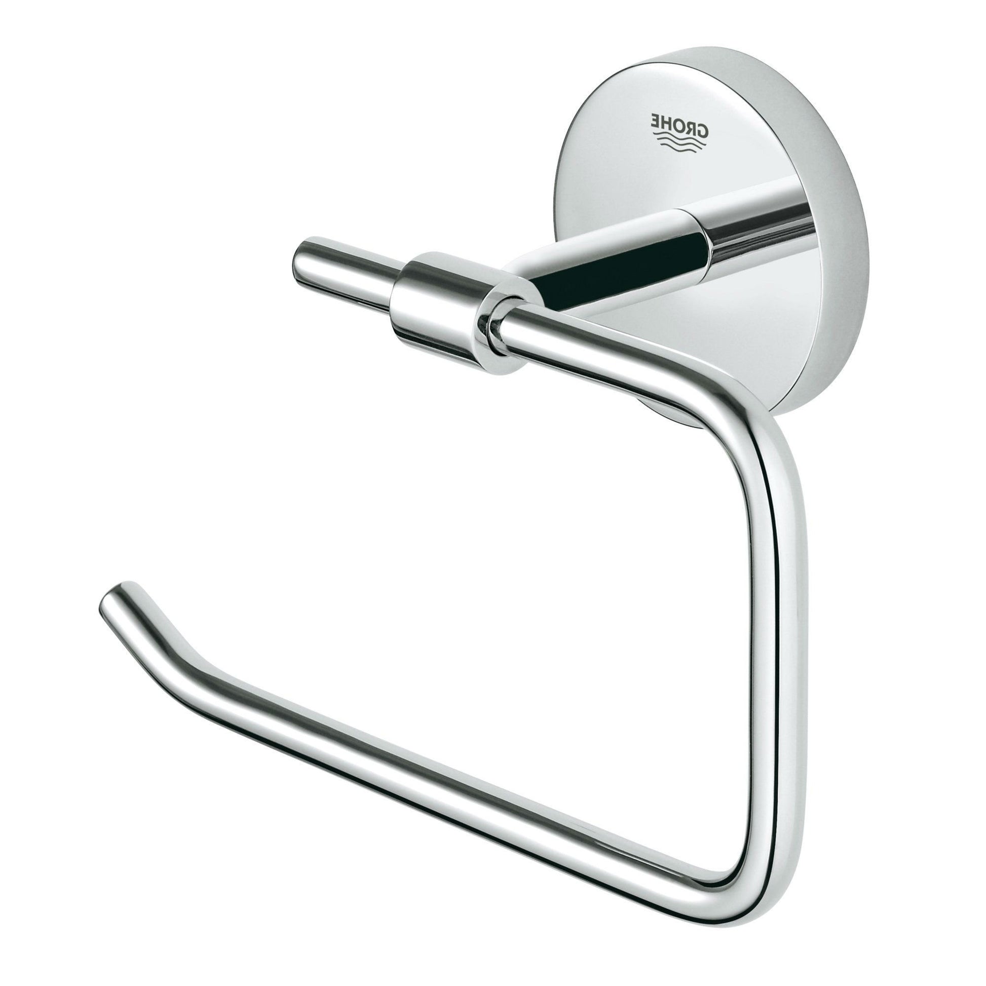 Chrome paper holder with circular wall mount and curved open ring for hanging toilet paper.