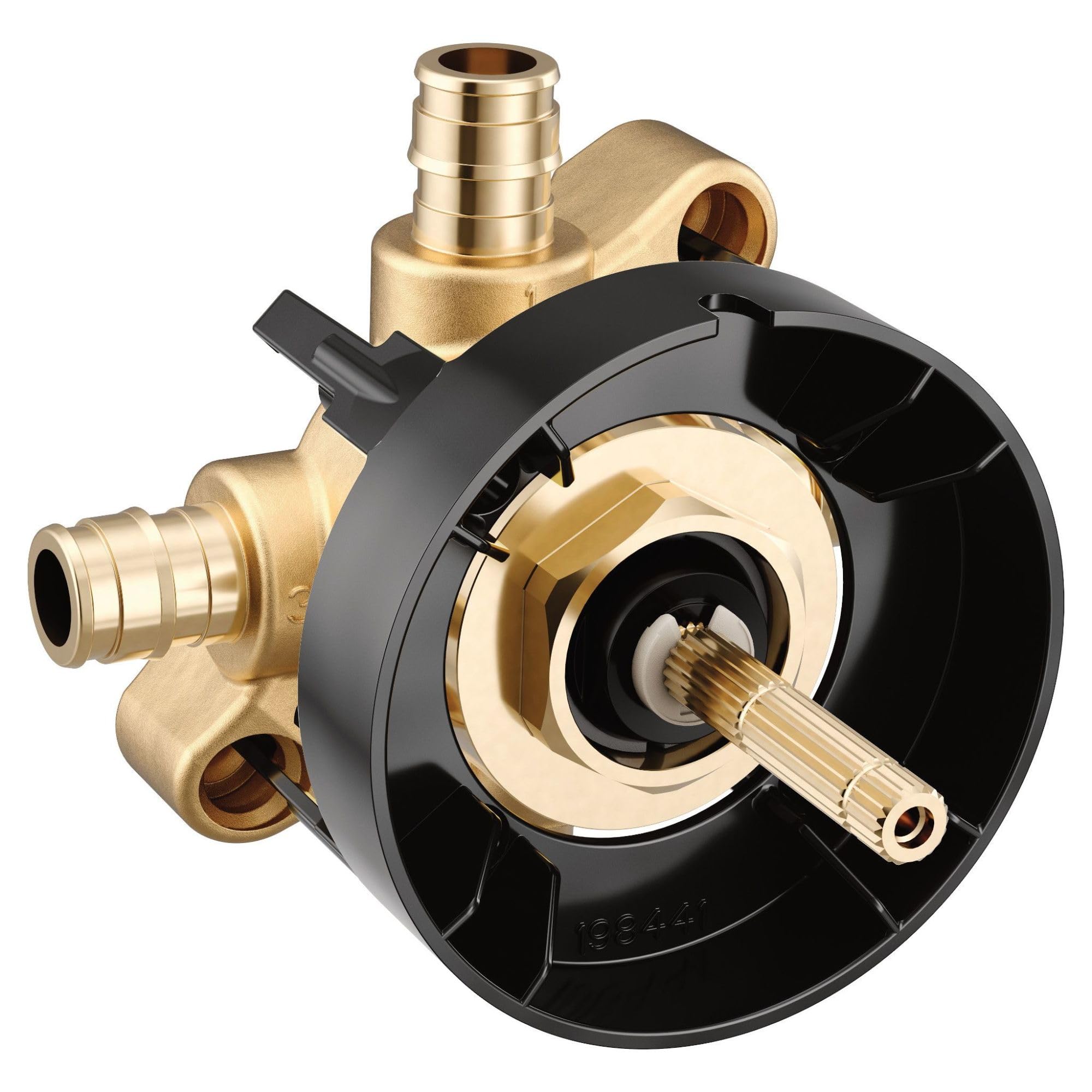 Brass transfer valve with black housing, PEX expansion connections, and central valve stem for multi-function water control.