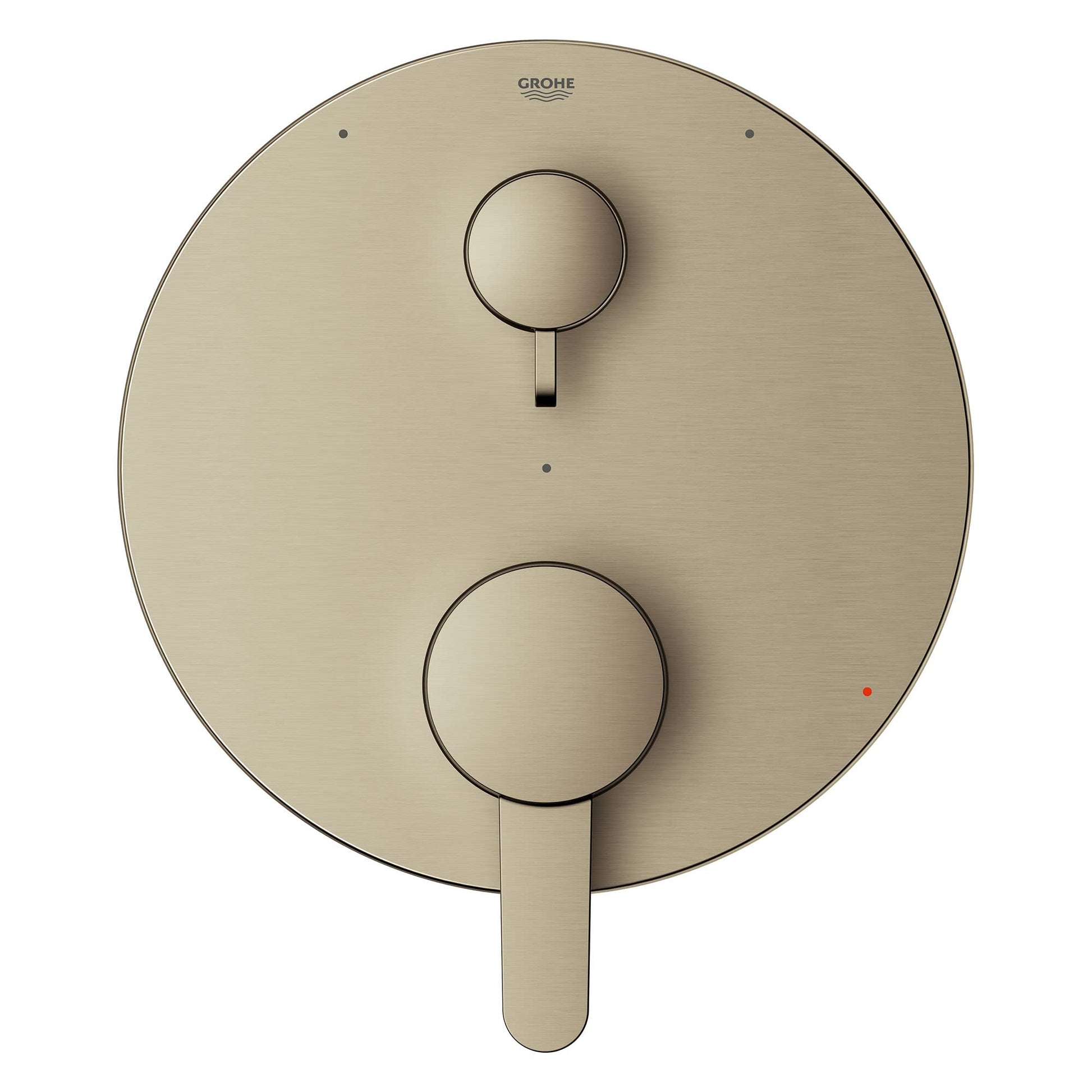 Grohe Cosmopolitan brushed nickel pressure balance valve trim with two circular handles and 3-way diverter control.