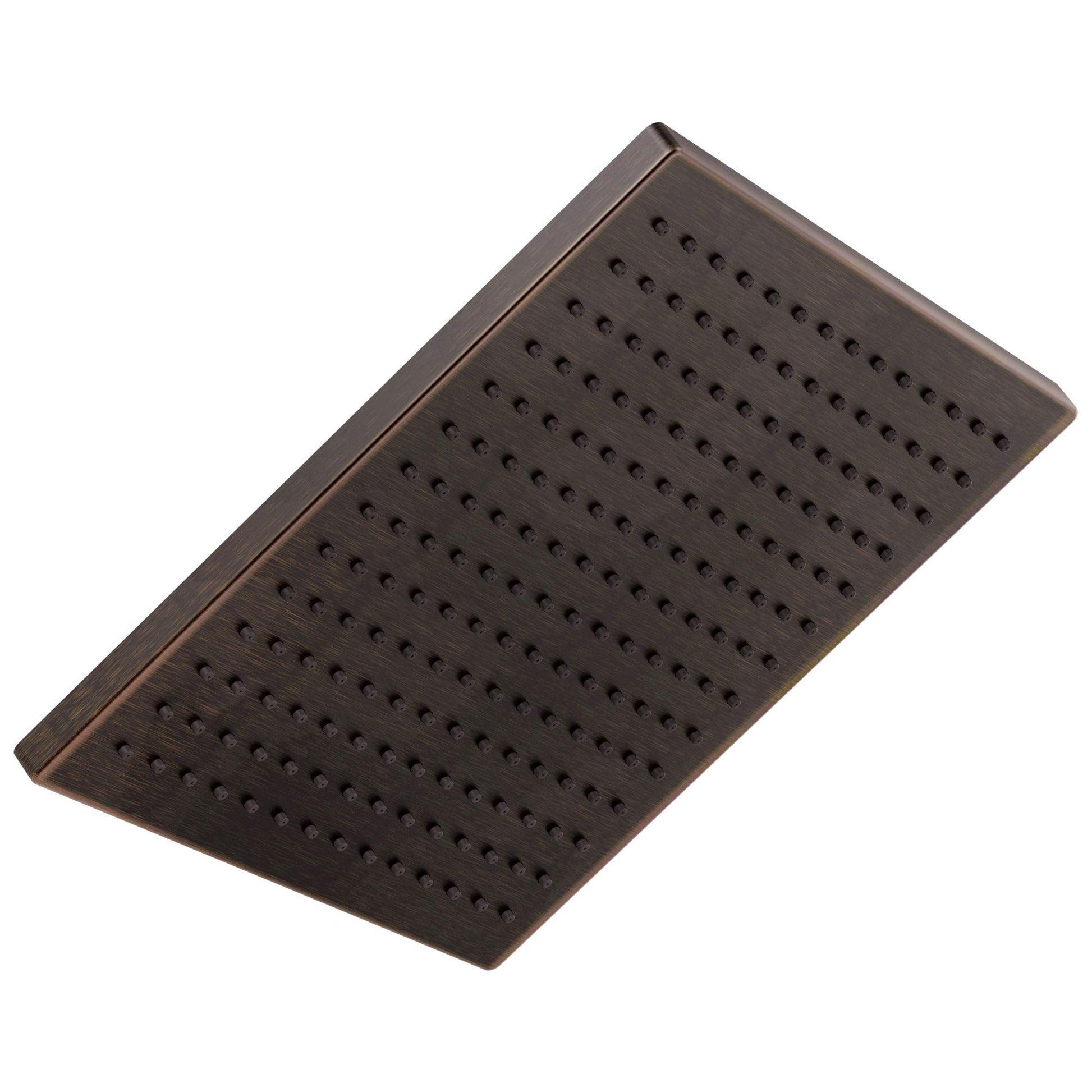 Square metal raincan shower head with grid of small water outlet holes in bronze finish.