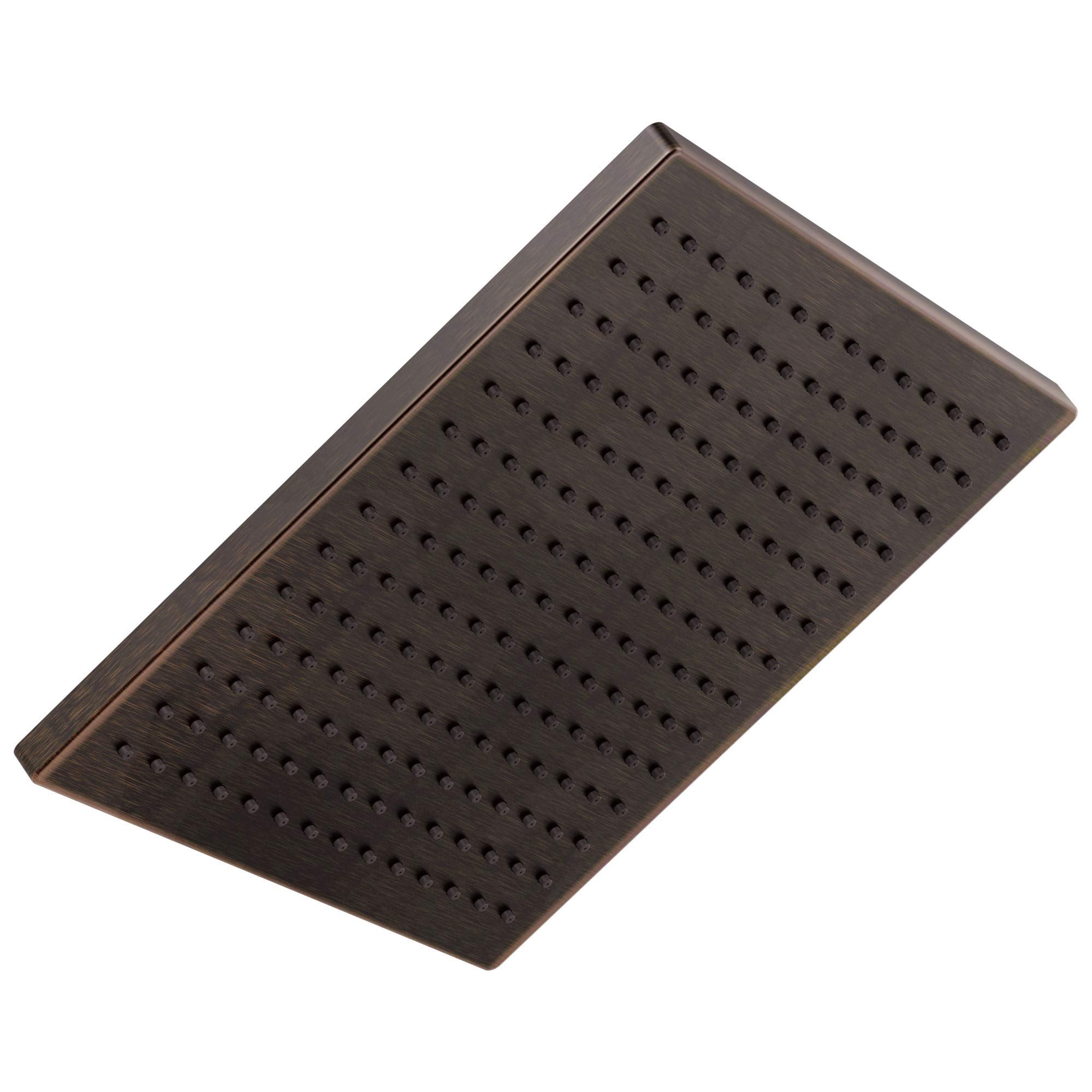 Square metal raincan shower head with grid of small water outlet holes in bronze finish.