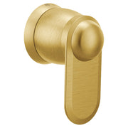 Brushed gold valve trim handle with cylindrical knob and rectangular escutcheon plate, featuring Moen logo on top.