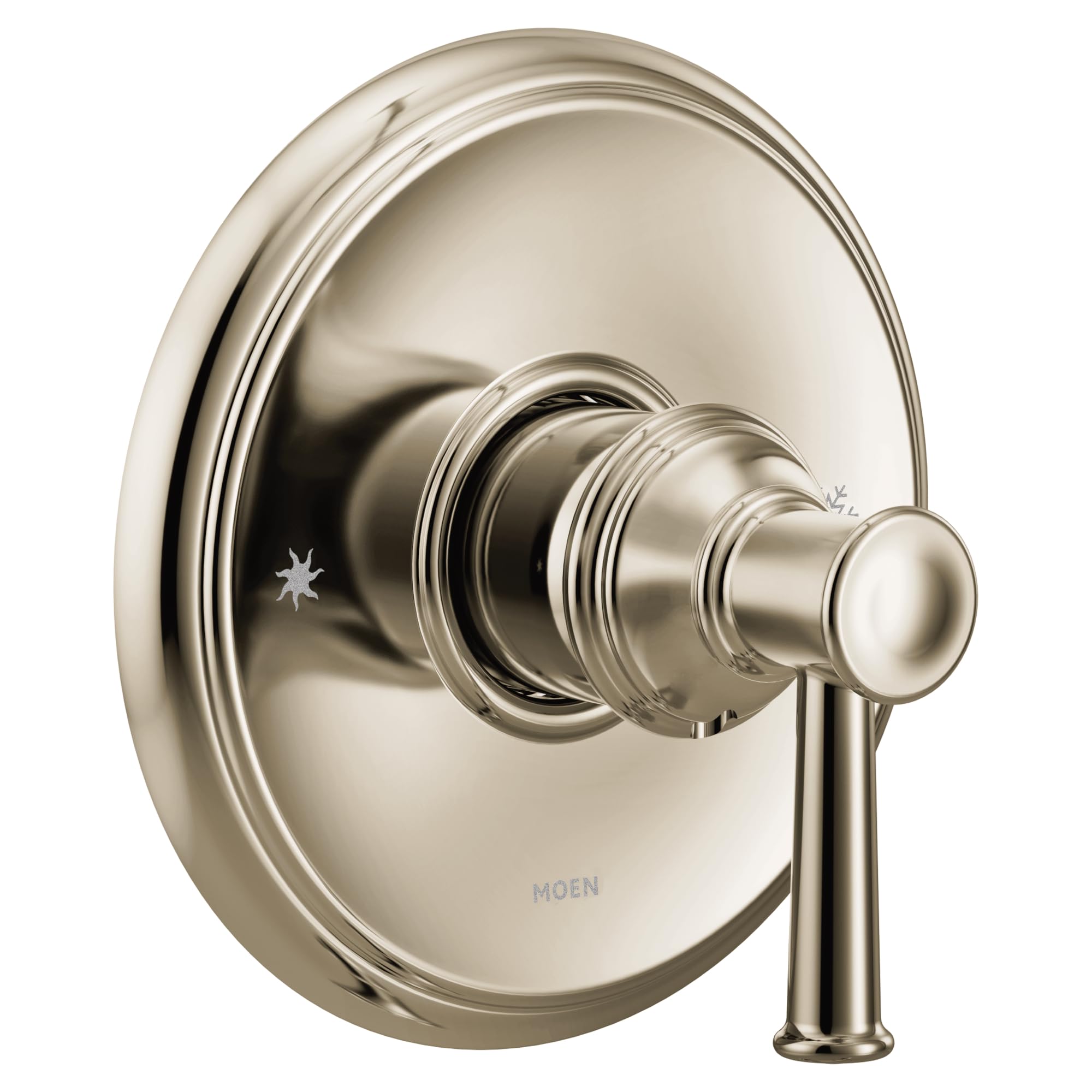 Polished nickel single-handle valve trim with round escutcheon plate and lever handle.