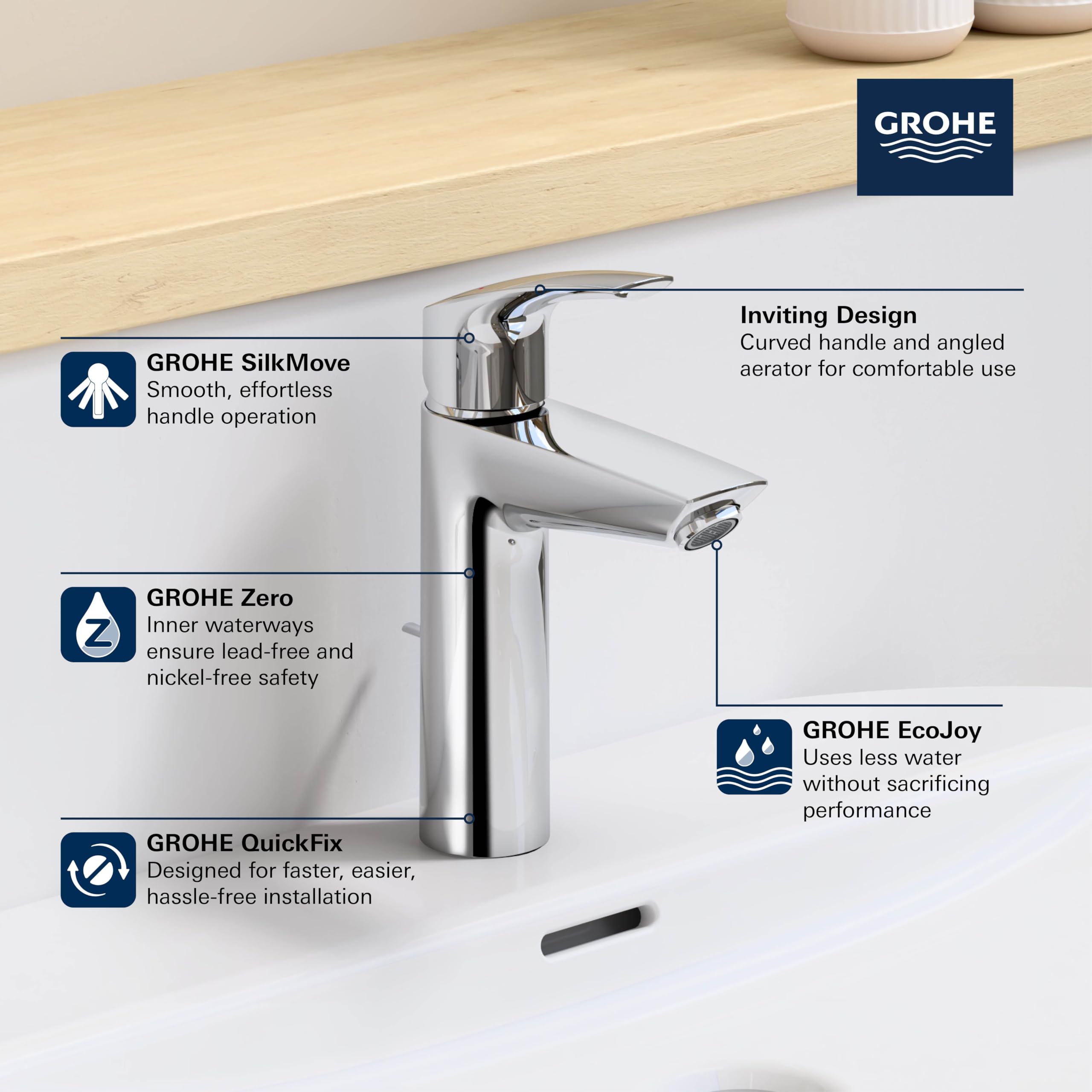 Chrome single-handle bathroom faucet with curved lever handle and rectangular spout mounted on white sink.