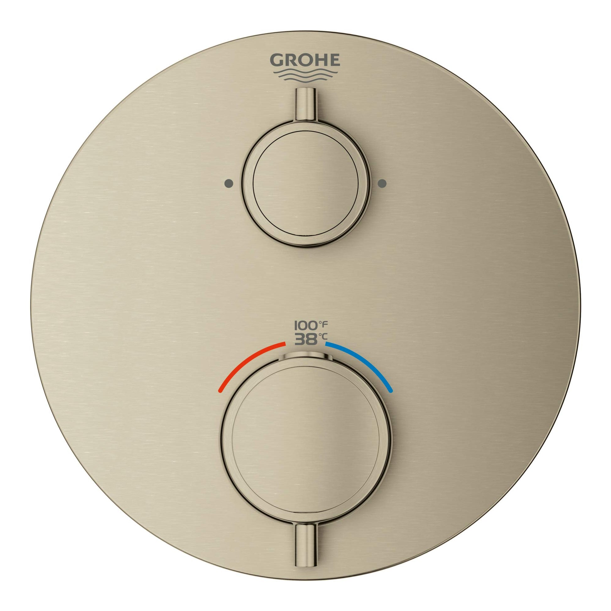 Grohe Grohtherm brushed nickel thermostatic valve trim with two circular handles and temperature scale display.