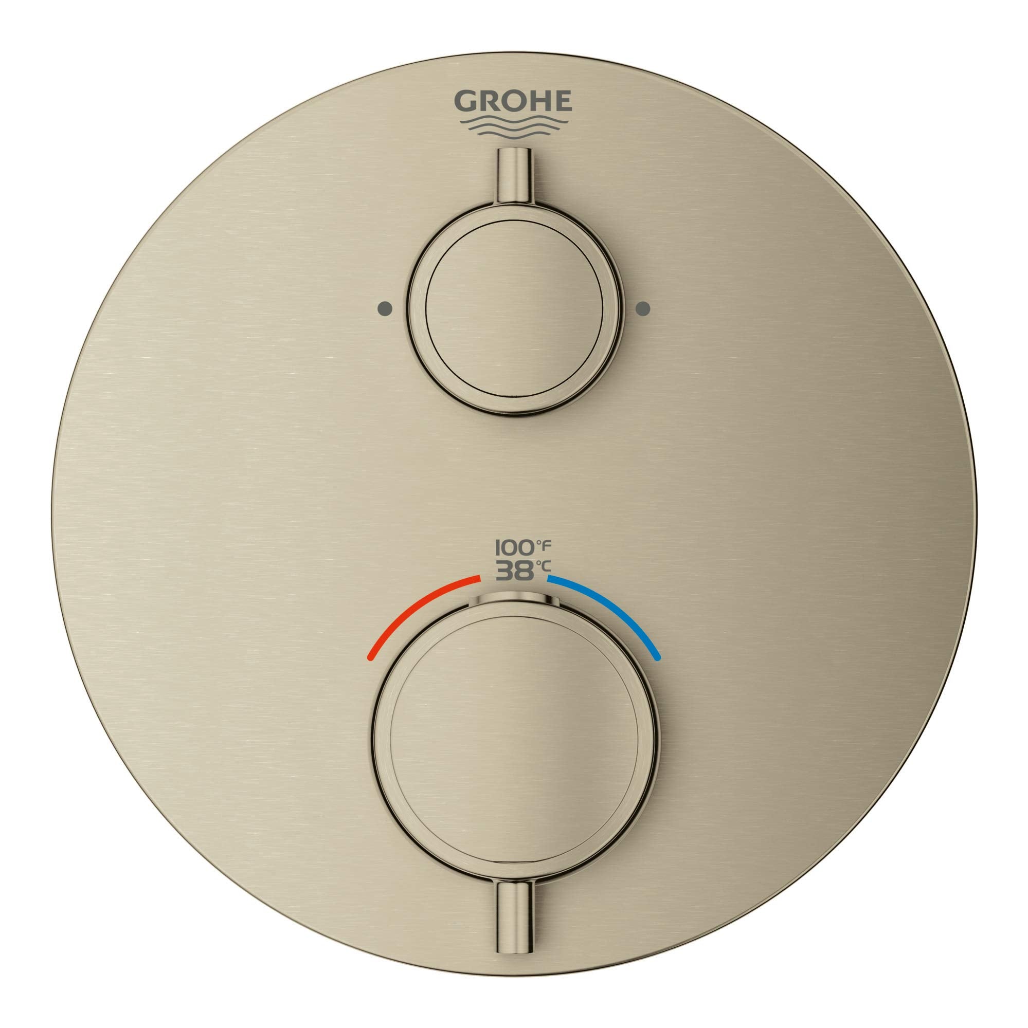 Grohe Grohtherm brushed nickel thermostatic valve trim with two circular handles and temperature scale display.