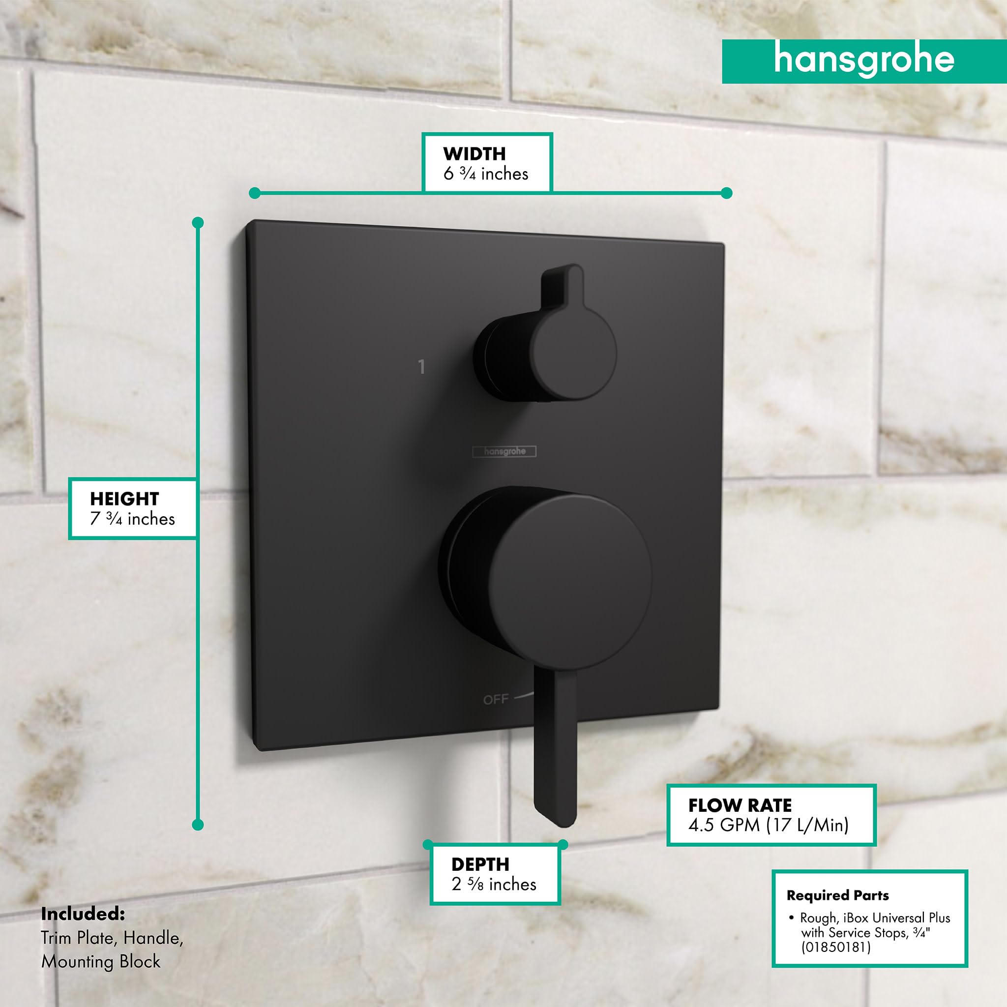 Matte black square pressure balance trim with diverter, upper lever control, and lower circular handle mounted on marble tile