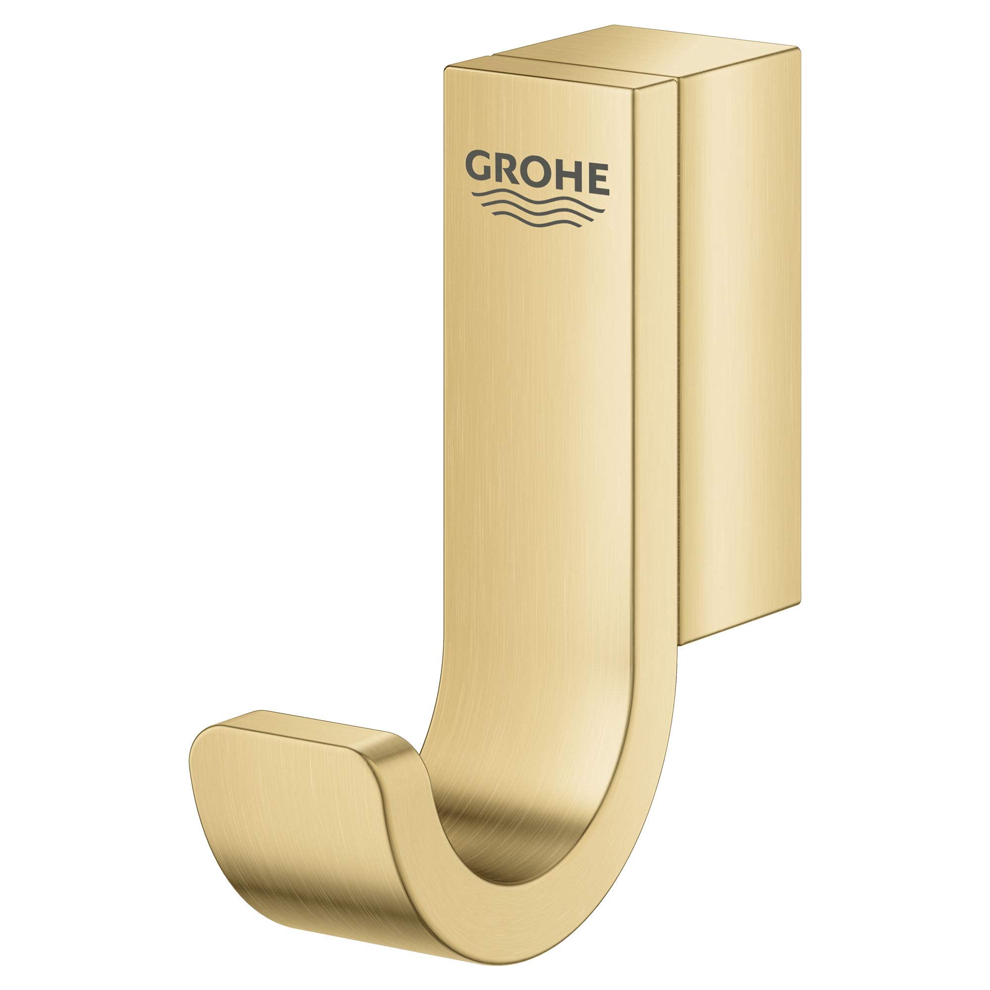 Grohe Selection robe hook in brushed gold finish with curved hook design and wall-mount plate.
