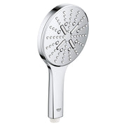 Chrome hand shower with circular face featuring multiple spray holes and two control buttons on the handle.