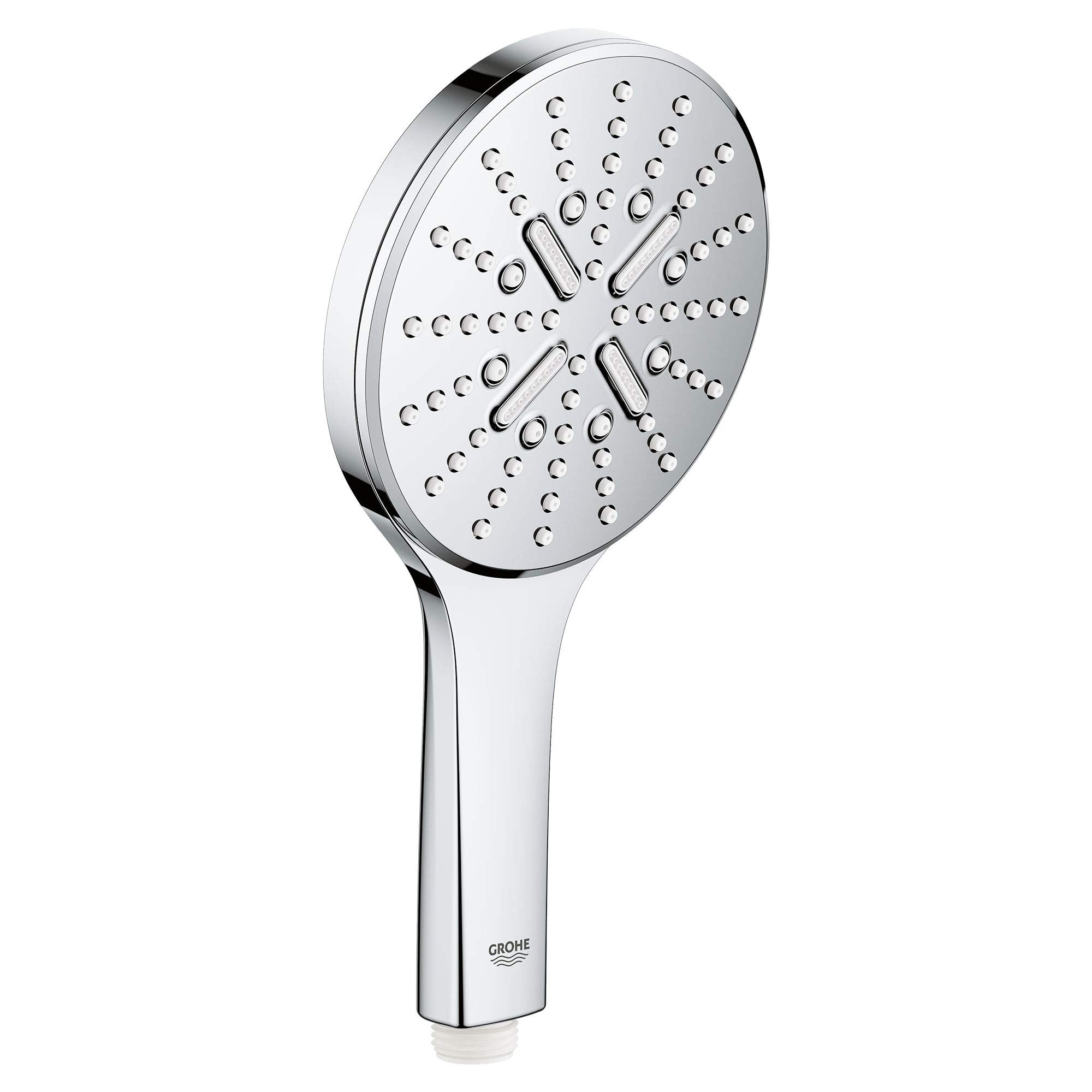Chrome hand shower with circular face featuring multiple spray holes and two control buttons on the handle.