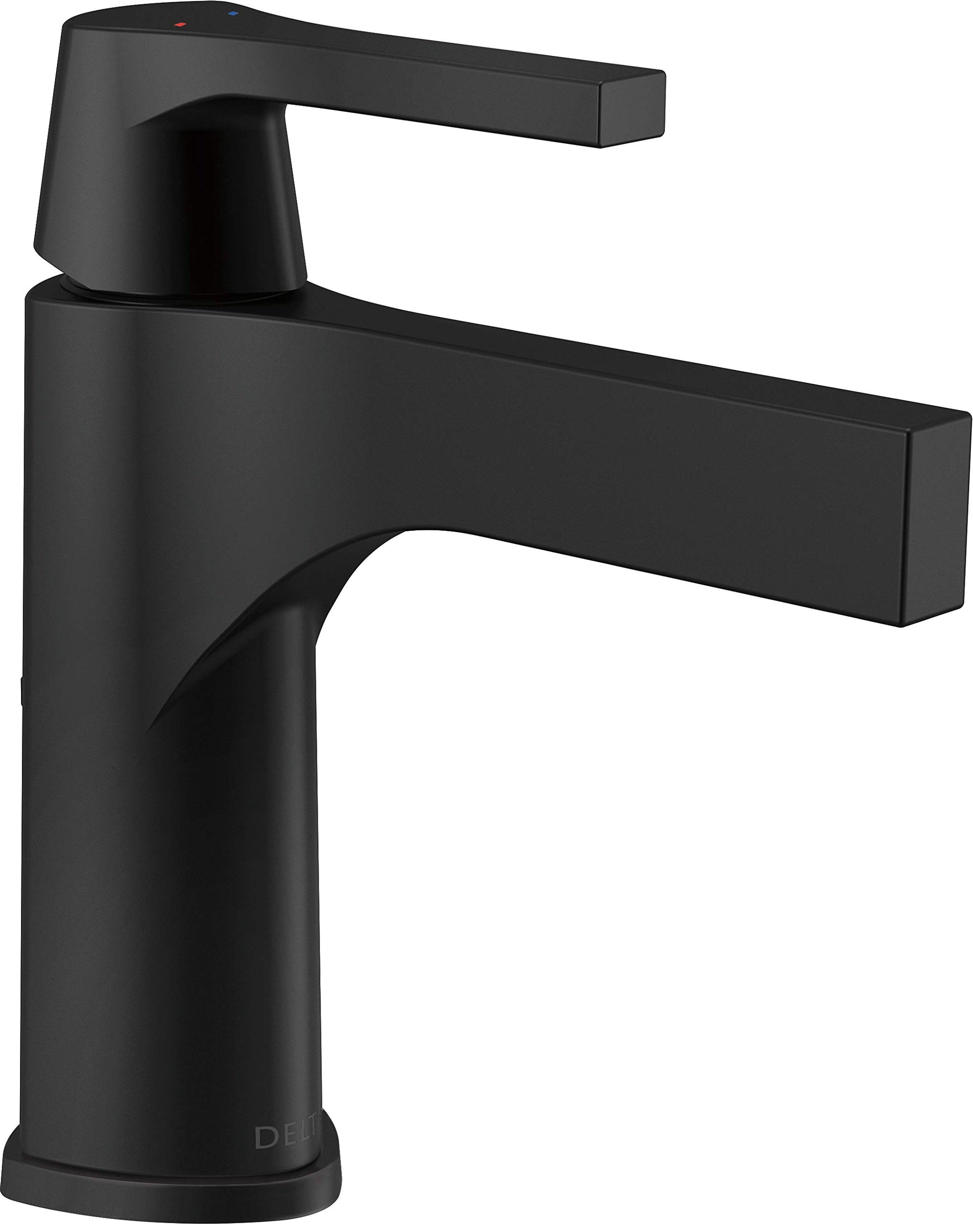 Black single-handle bathroom faucet with curved spout and cylindrical body.